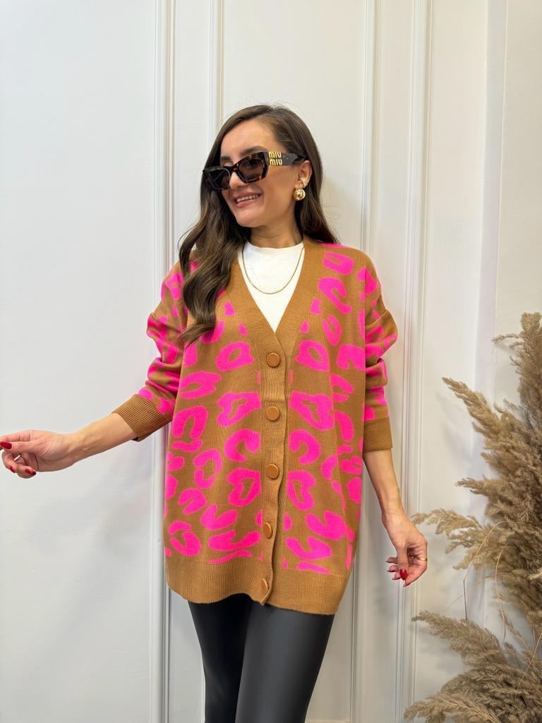 Pembe Camel Geometrik Desenli Triko Hırka 13490