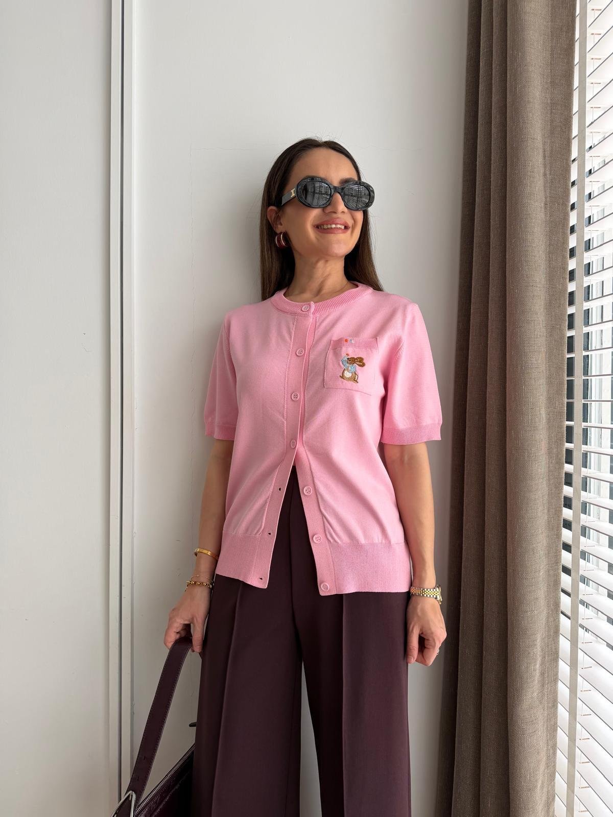 Pembe Cebi Tavşan Nakışlı Kısa Kollu Hırka Bluz 140652