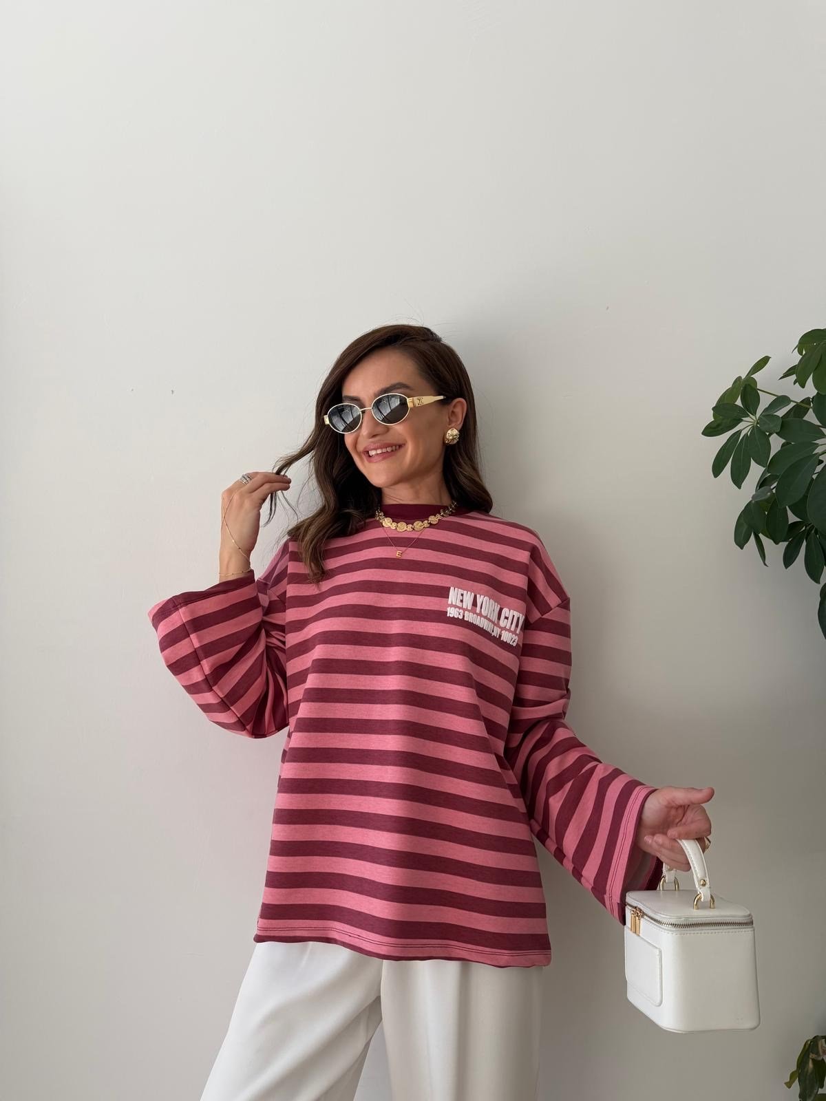 Pembe Çizgili Baskılı Sweatshirt 1130