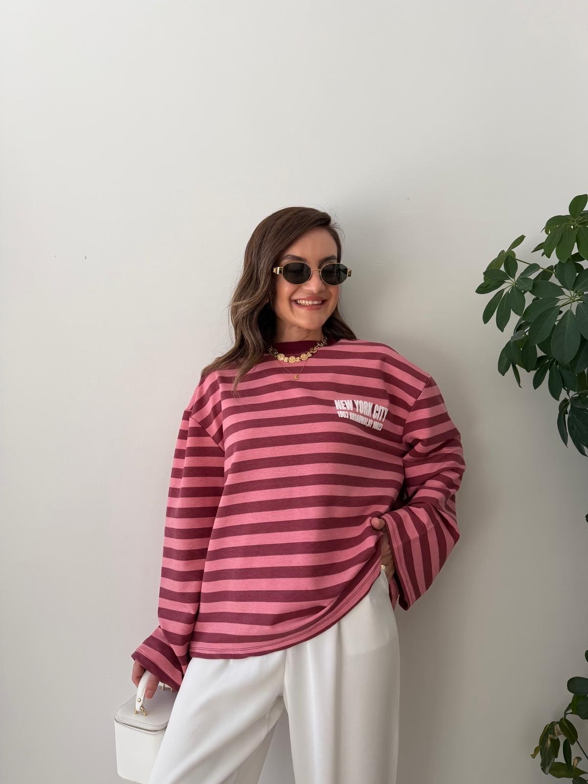 Pembe Çizgili Baskılı Sweatshirt 1130