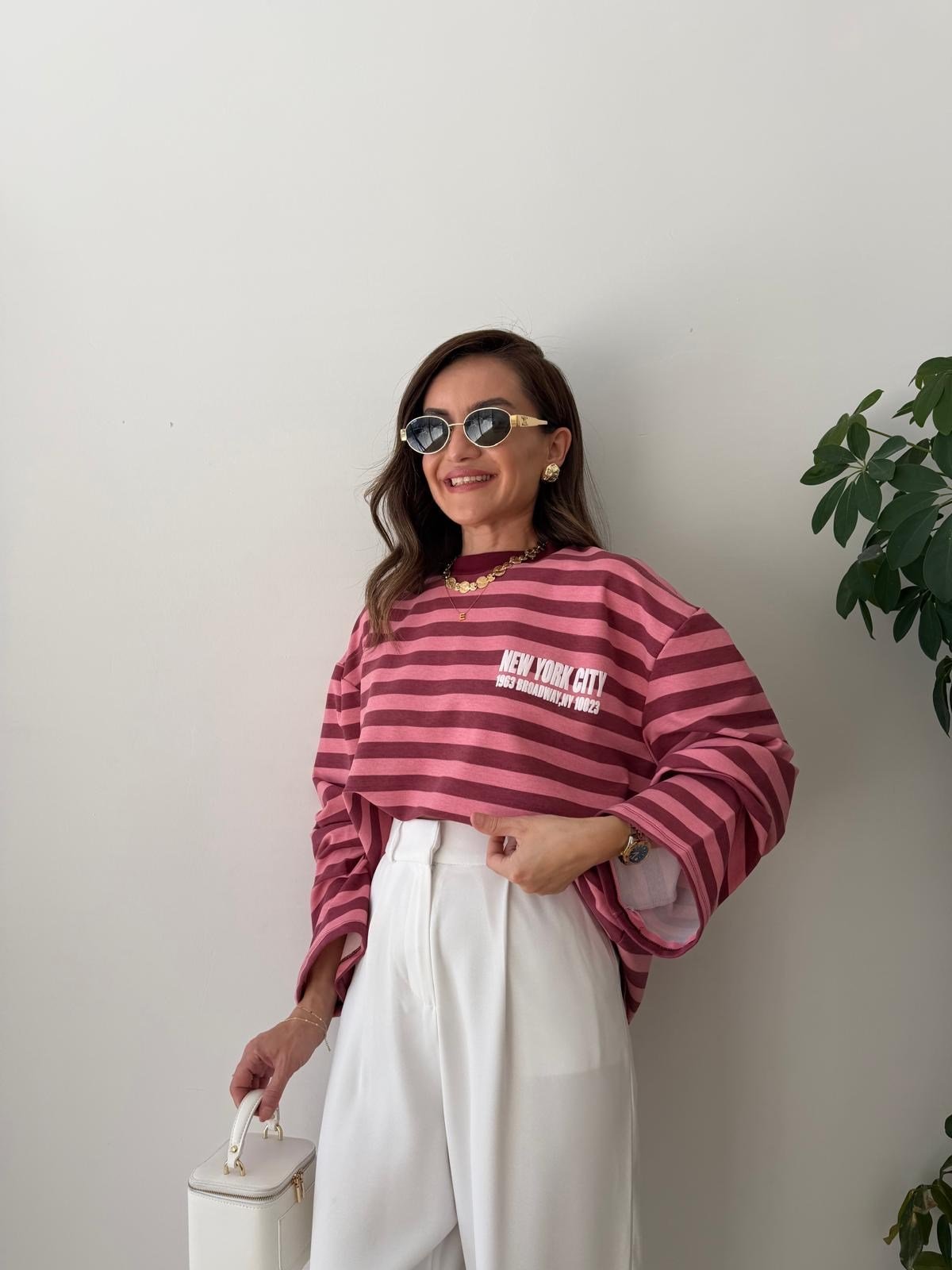 Pembe Çizgili Baskılı Sweatshirt 1130