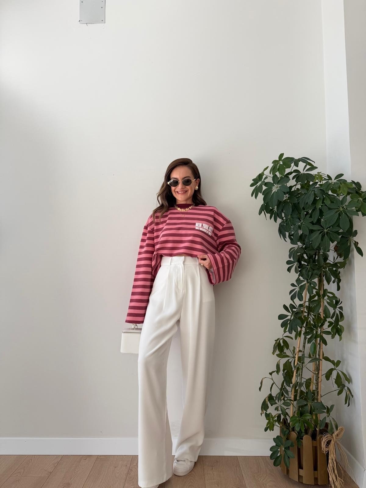 Pembe Çizgili Baskılı Sweatshirt 1130