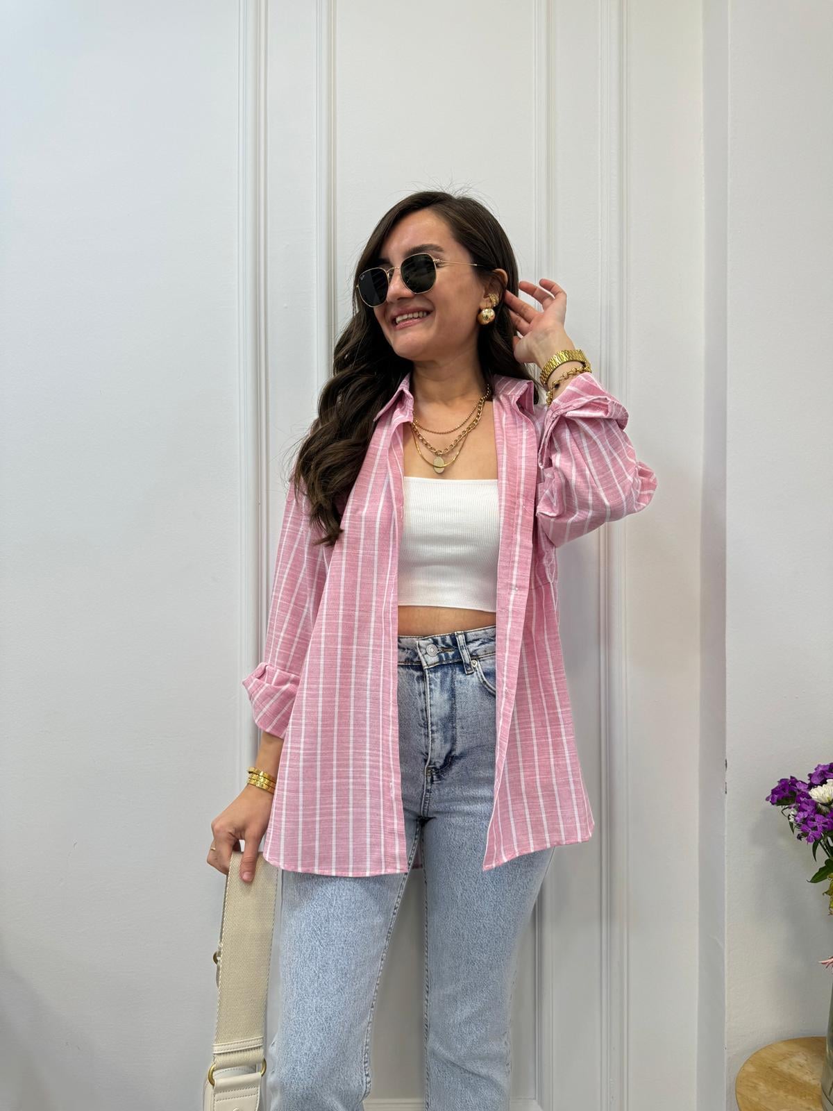 Pembe Çizgili Cep Detaylı Gömlek 7363
