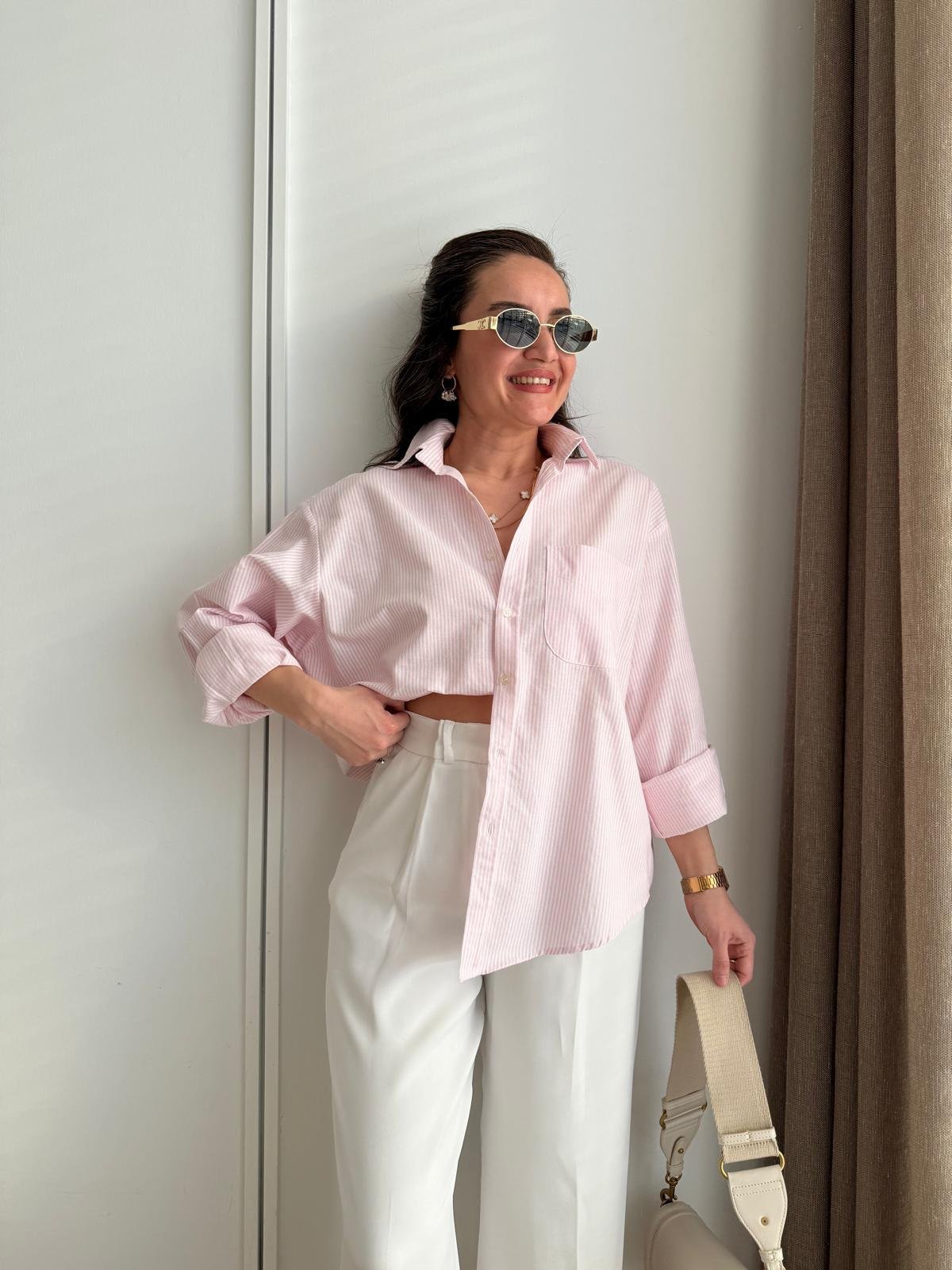 Pembe Çizgili Cepli Oversize Gömlek 0066