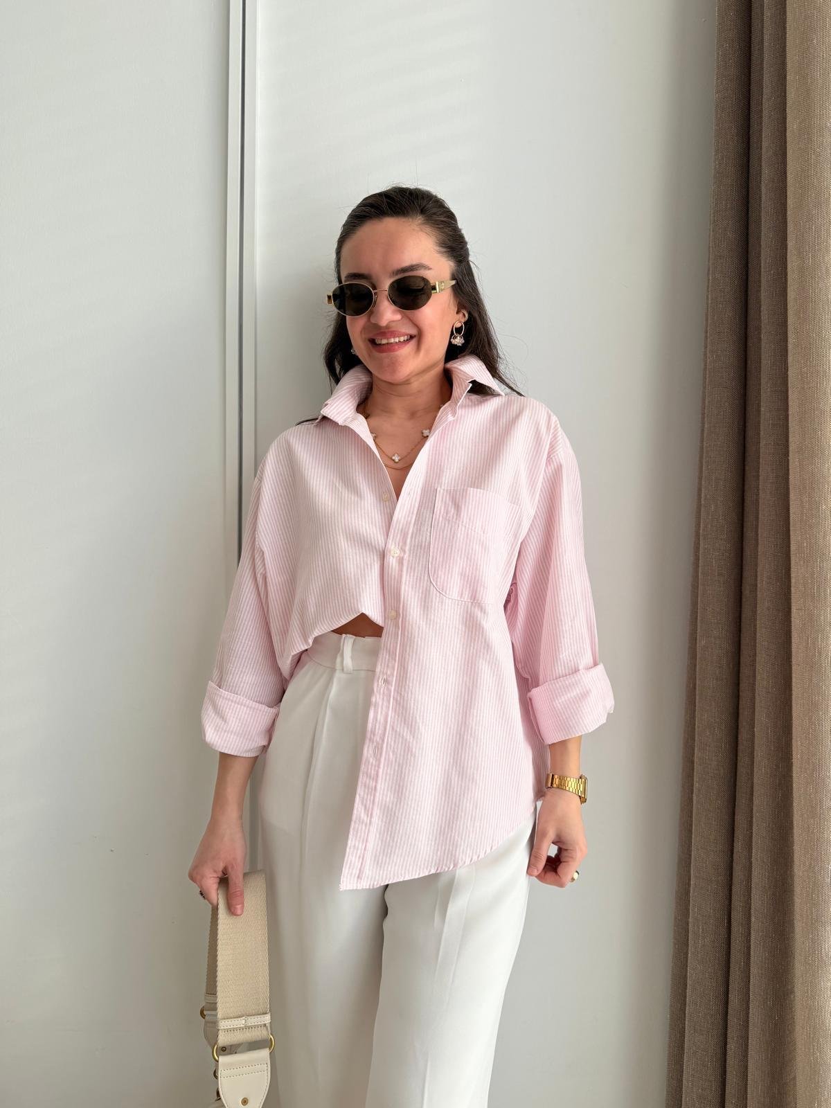 Pembe Çizgili Cepli Oversize Gömlek 0066