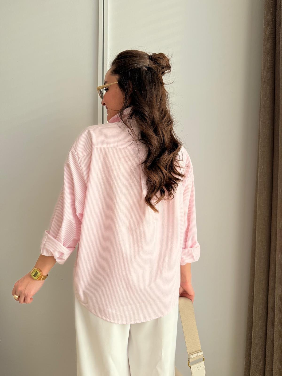 Pembe Çizgili Cepli Oversize Gömlek 0066