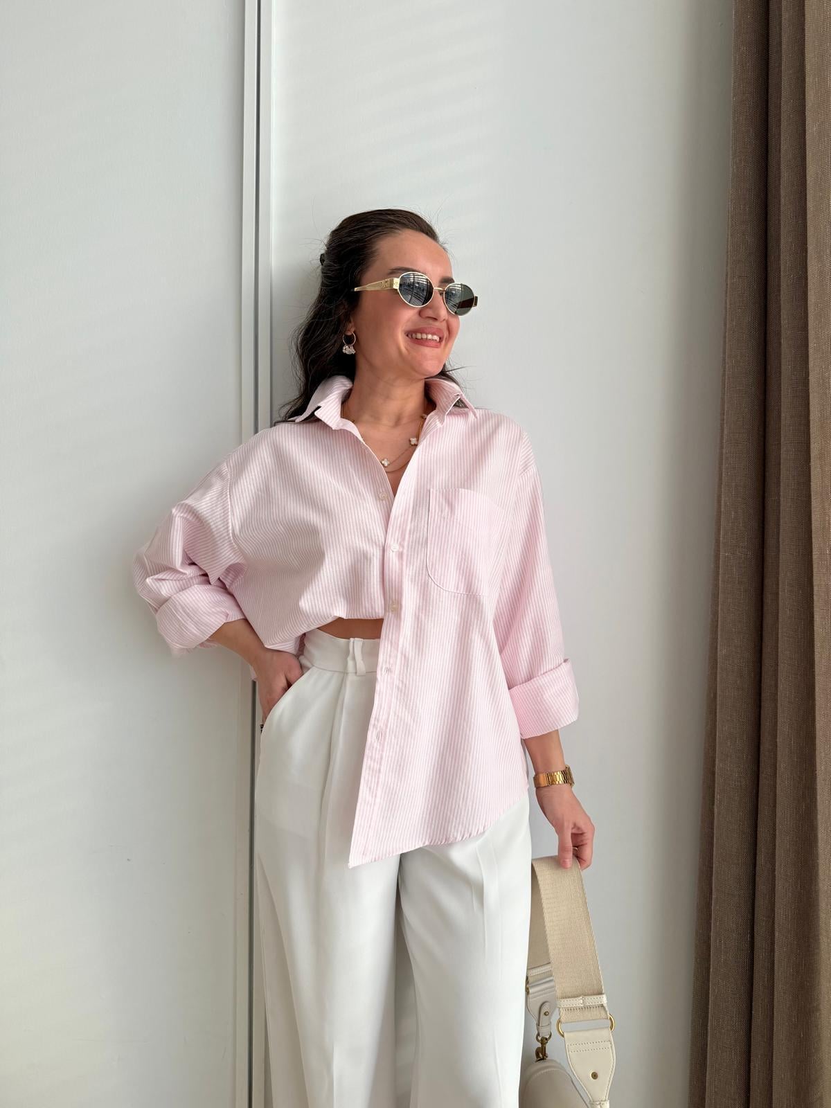 Pembe Çizgili Cepli Oversize Gömlek 0066