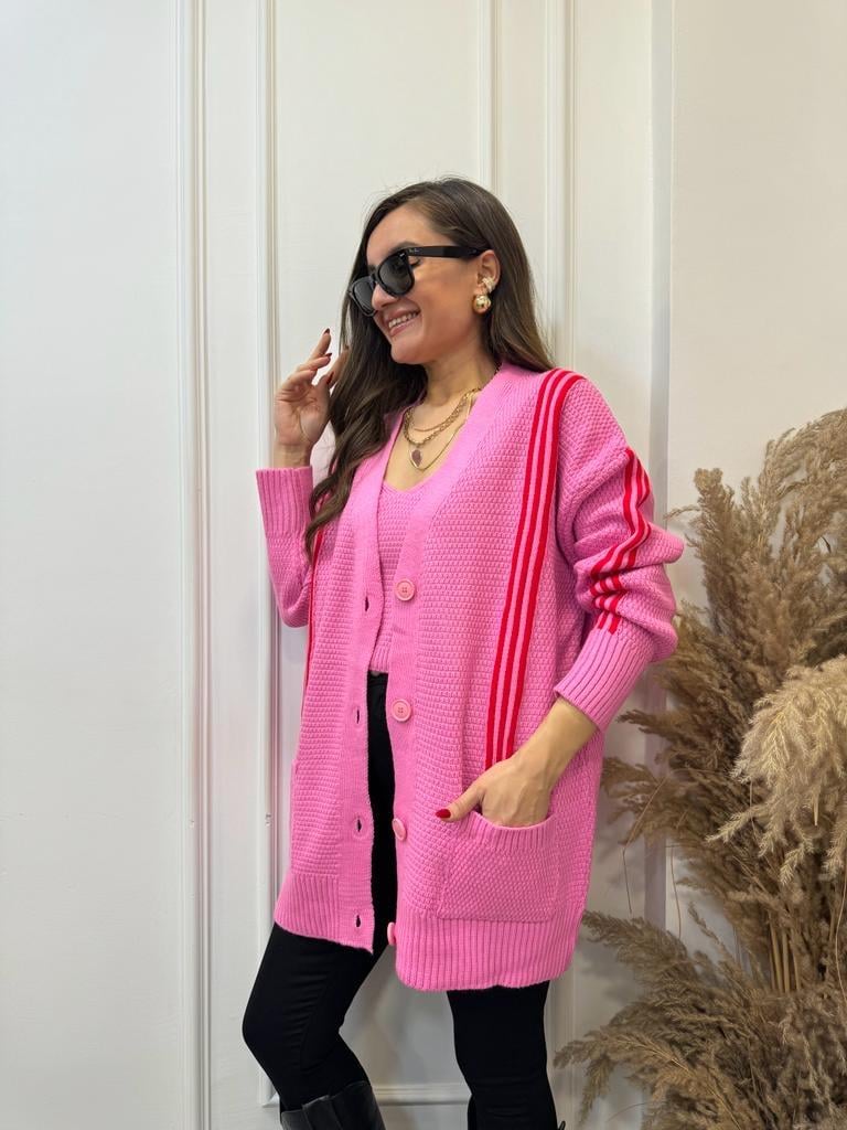Pembe Çizgili Crop Hırka Takım 0023