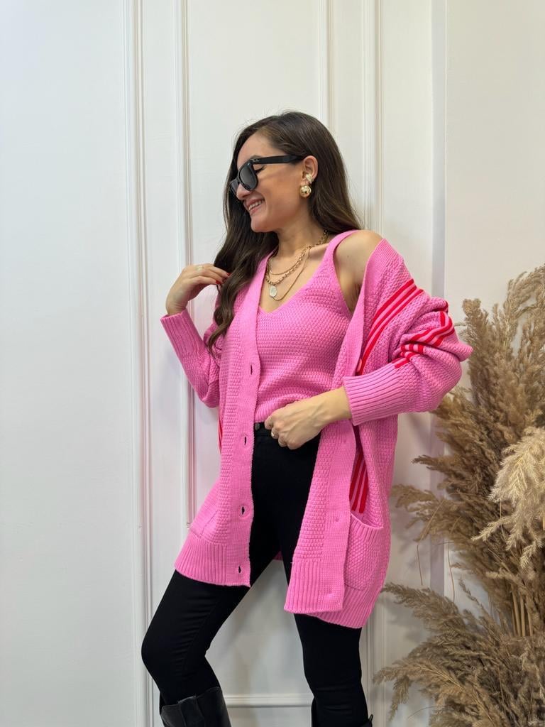 Pembe Çizgili Crop Hırka Takım 0023