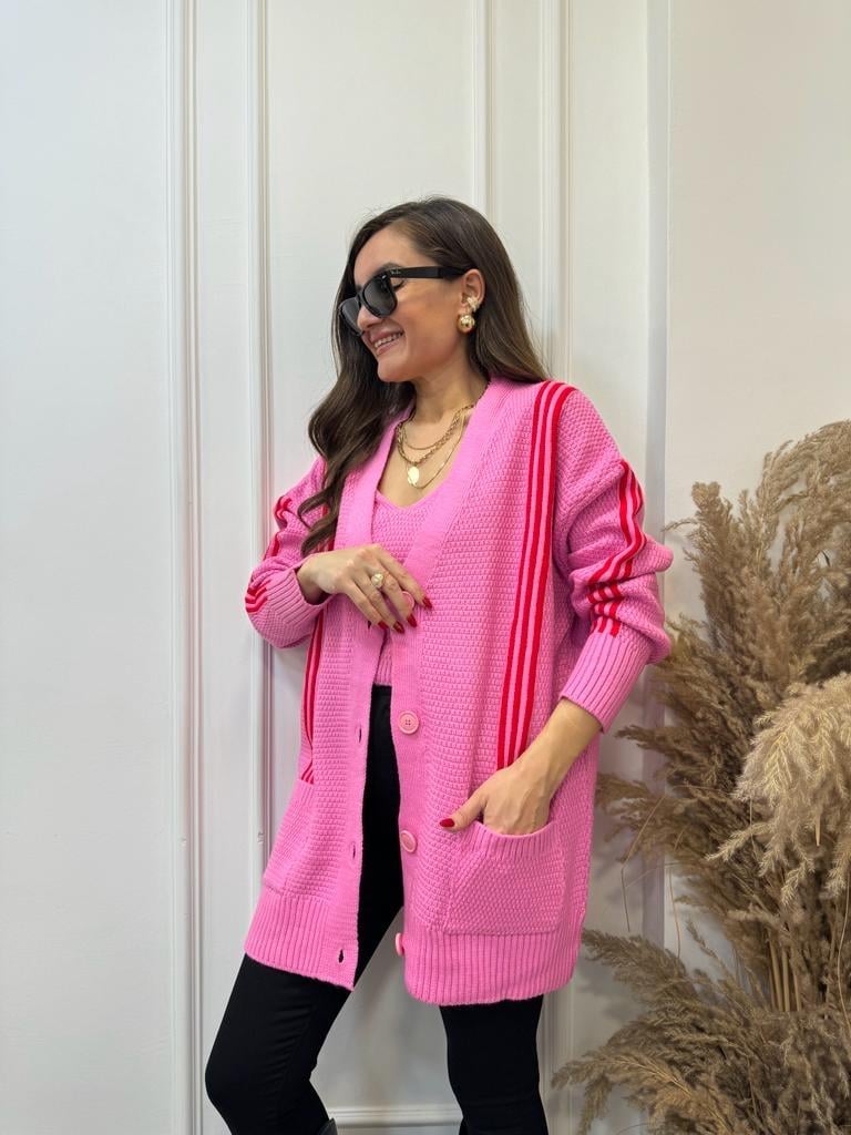 Pembe Çizgili Crop Hırka Takım 0023