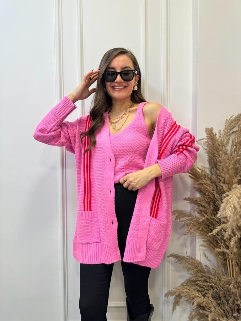 Pembe Çizgili Crop Hırka Takım 0023