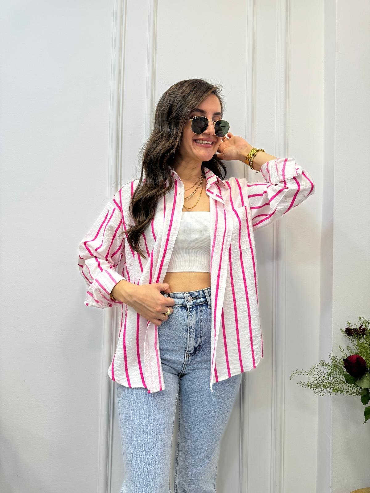 Pembe Çizgili Keten Gömlek 2236
