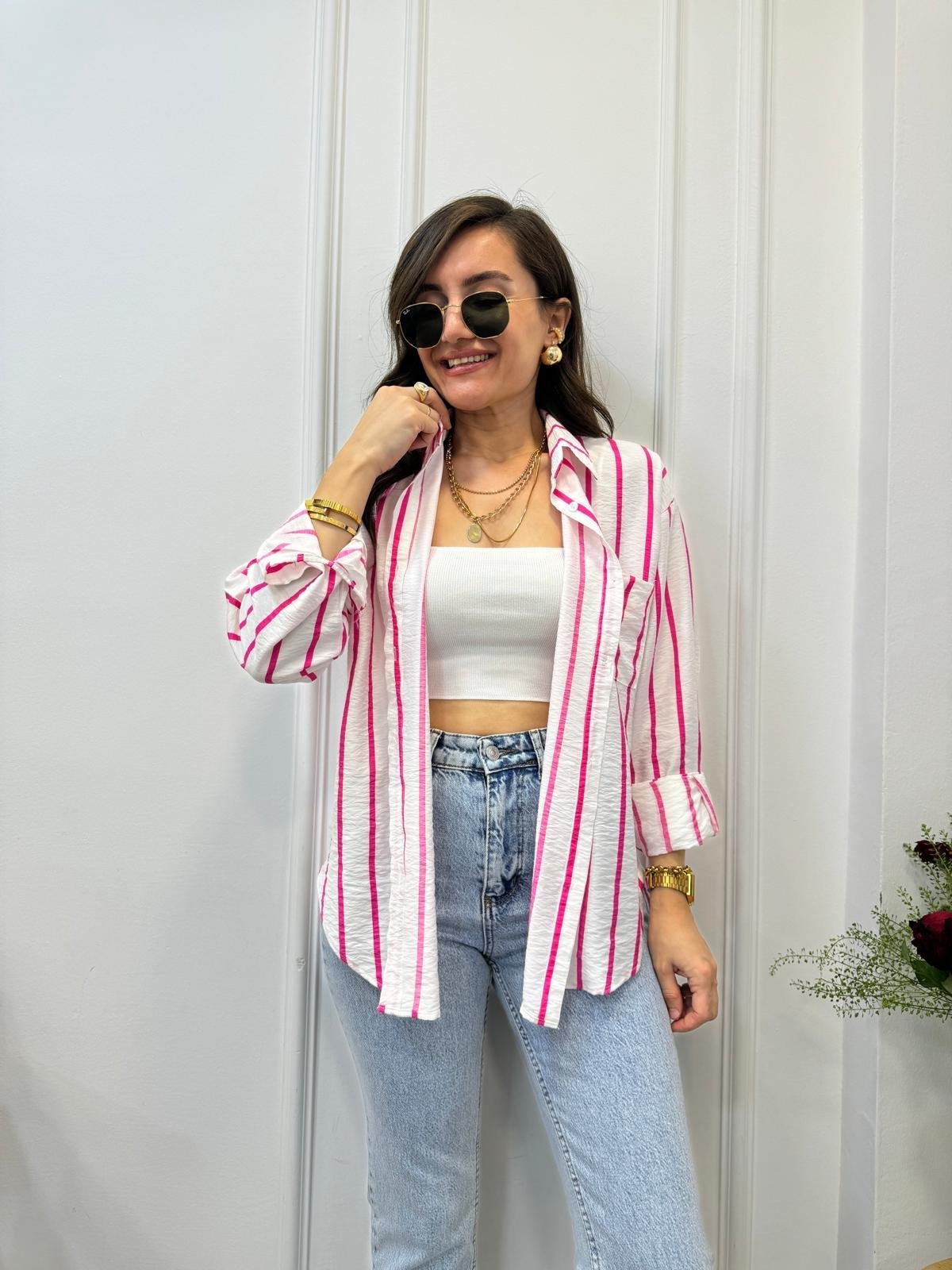 Pembe Çizgili Keten Gömlek 2236