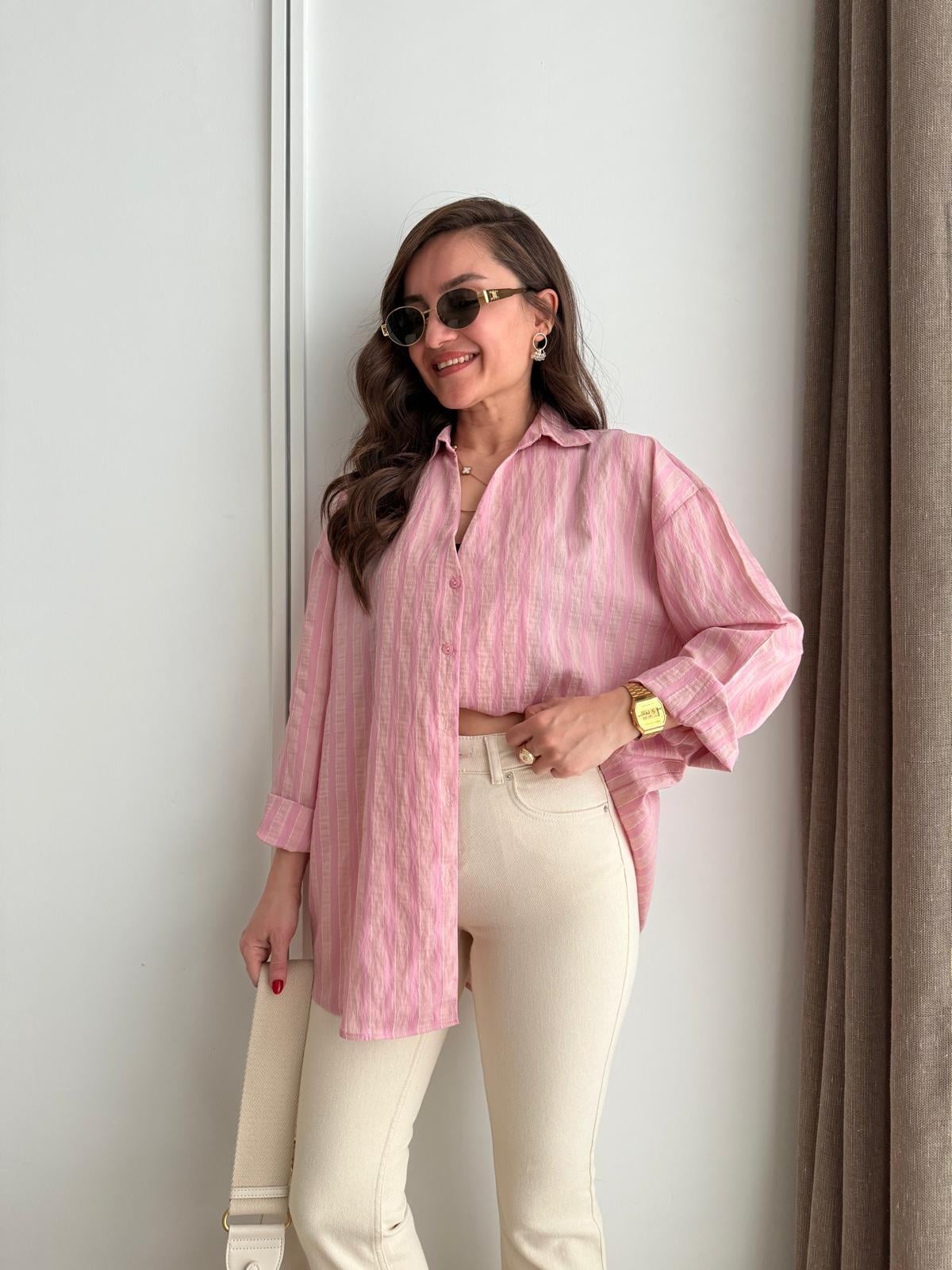 Pembe Çizgili Oversize Gömlek 5299