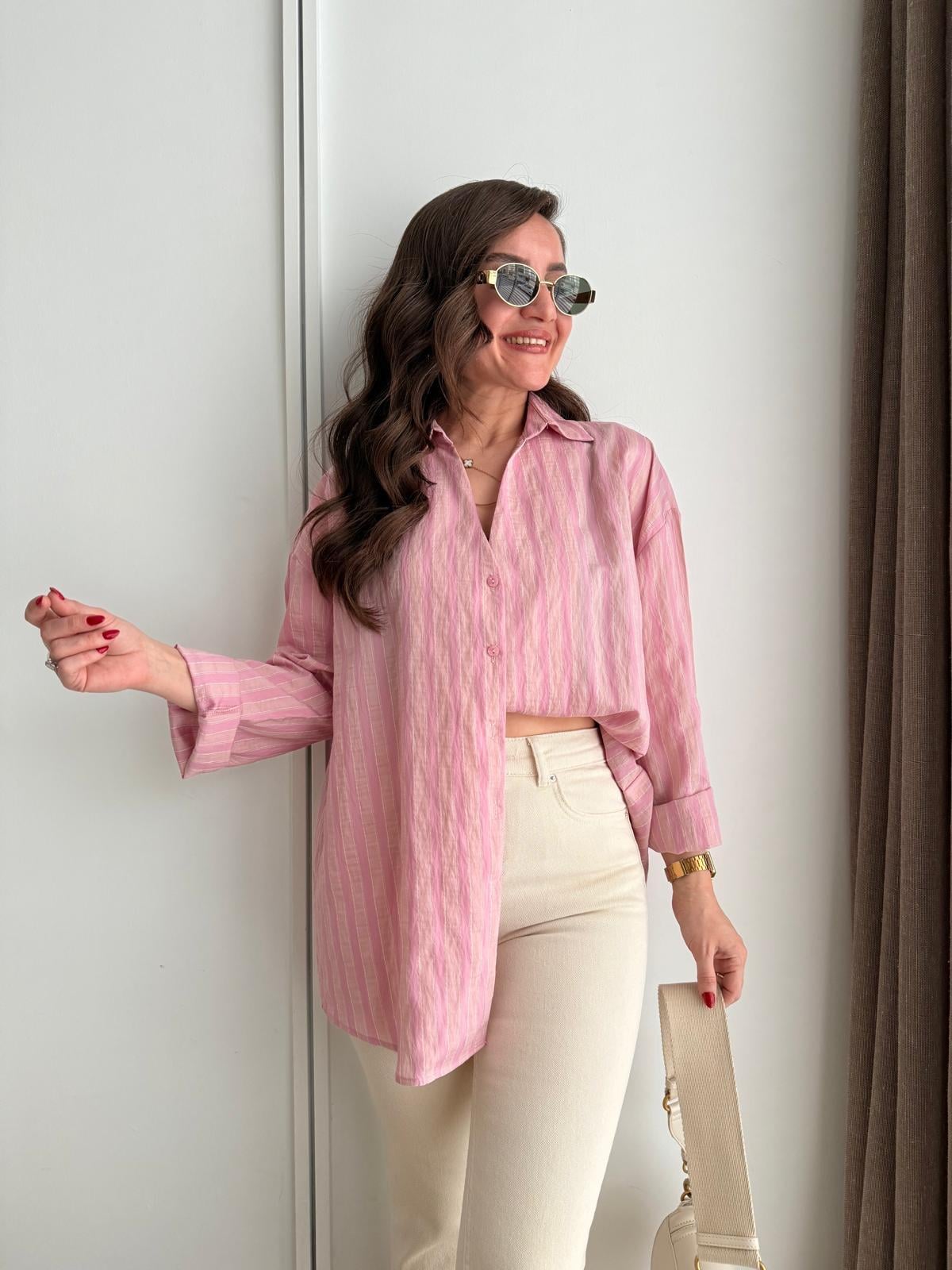 Pembe Çizgili Oversize Gömlek 5299