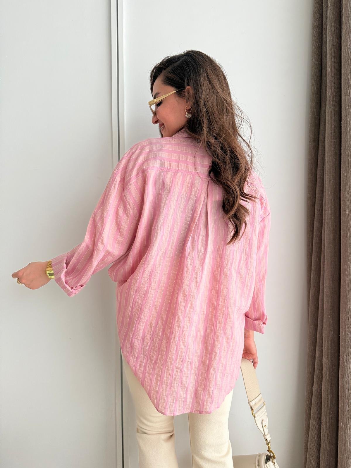 Pembe Çizgili Oversize Gömlek 5299