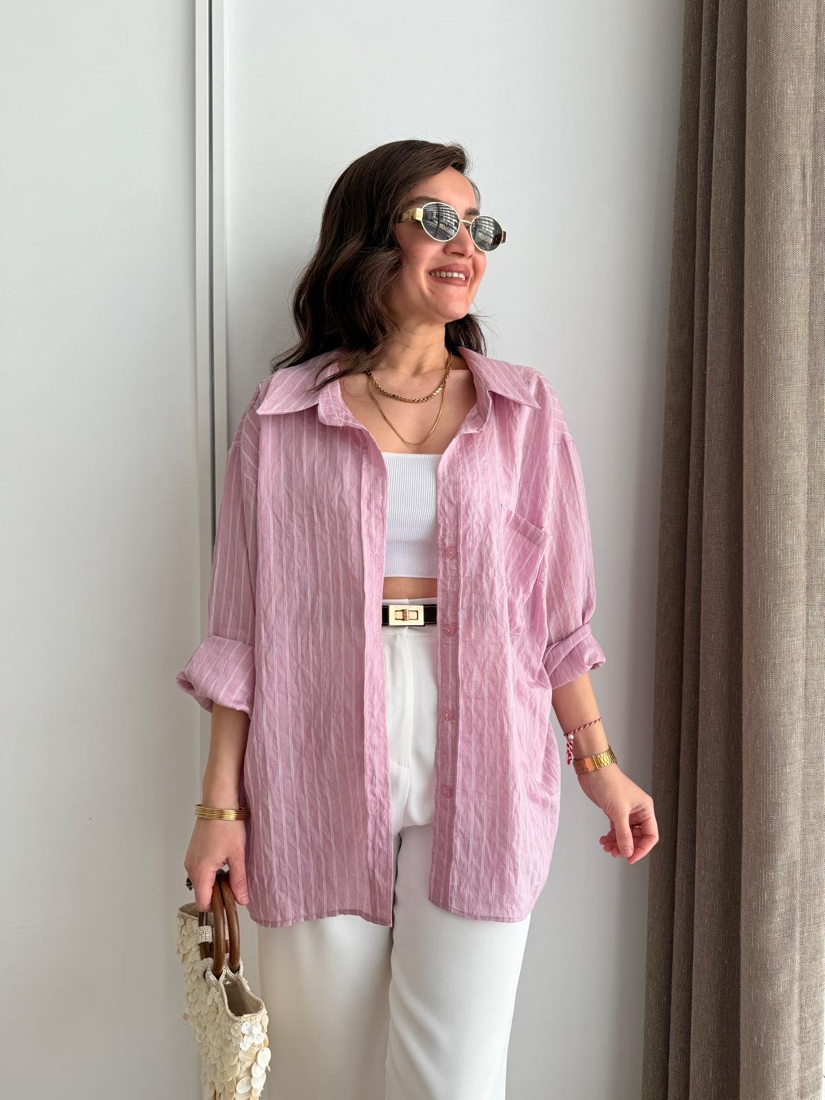 Pembe Çizgili Oversize Gömlek 5320