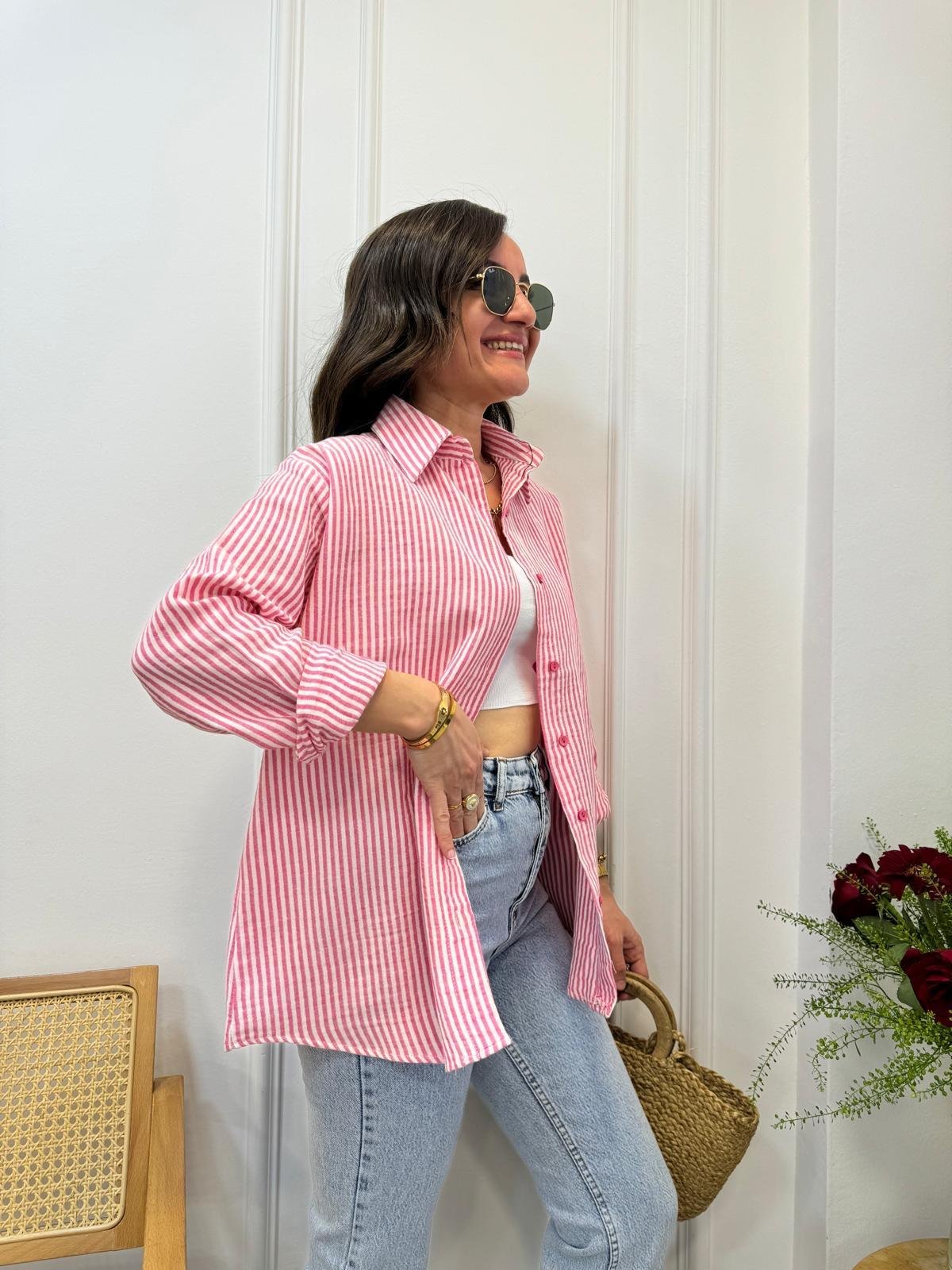 Pembe Çizgili Sırt Detaylı Keten Gömlek 58812