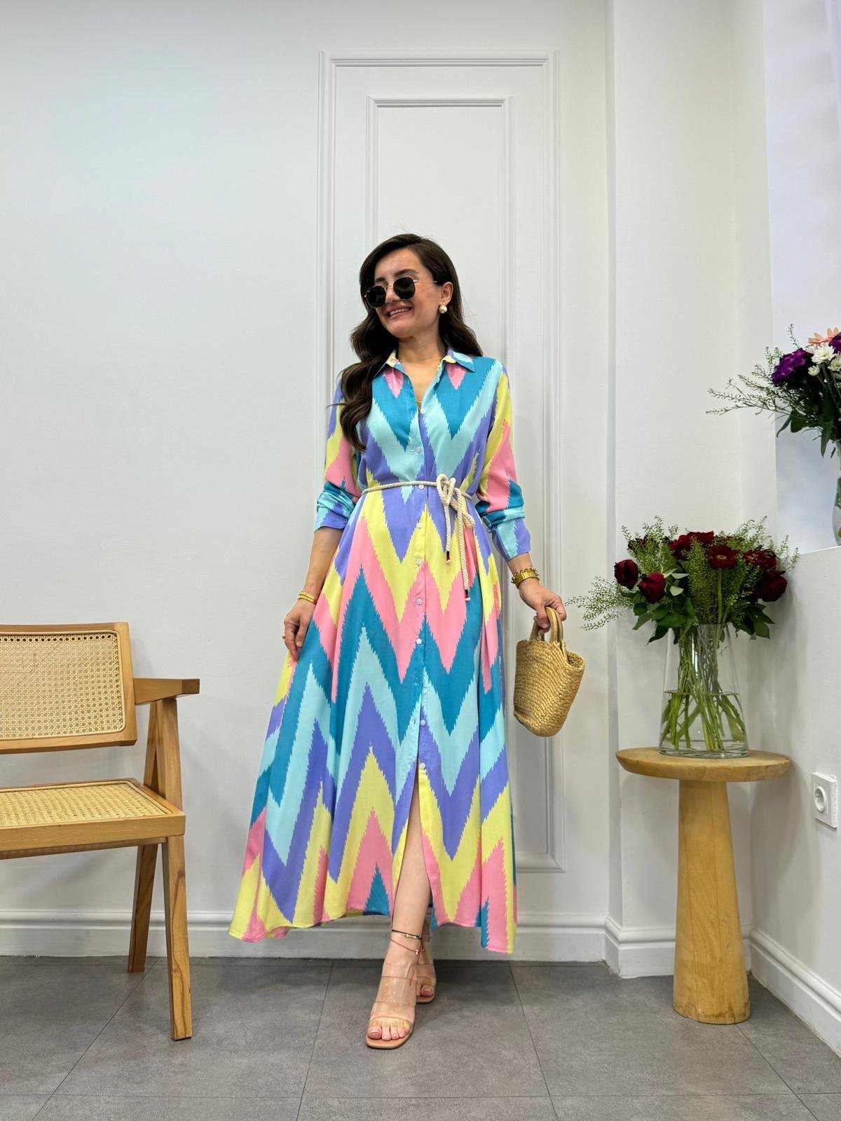 Pembe Desenli Gömlek Elbise 3033