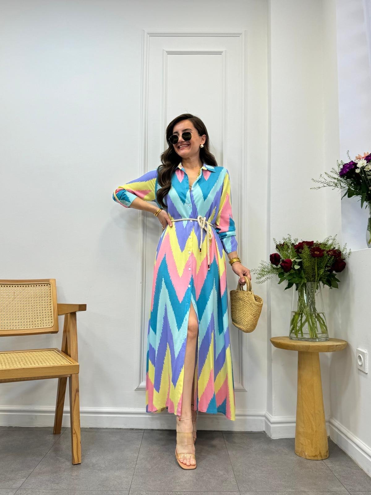 Pembe Desenli Gömlek Elbise 3033