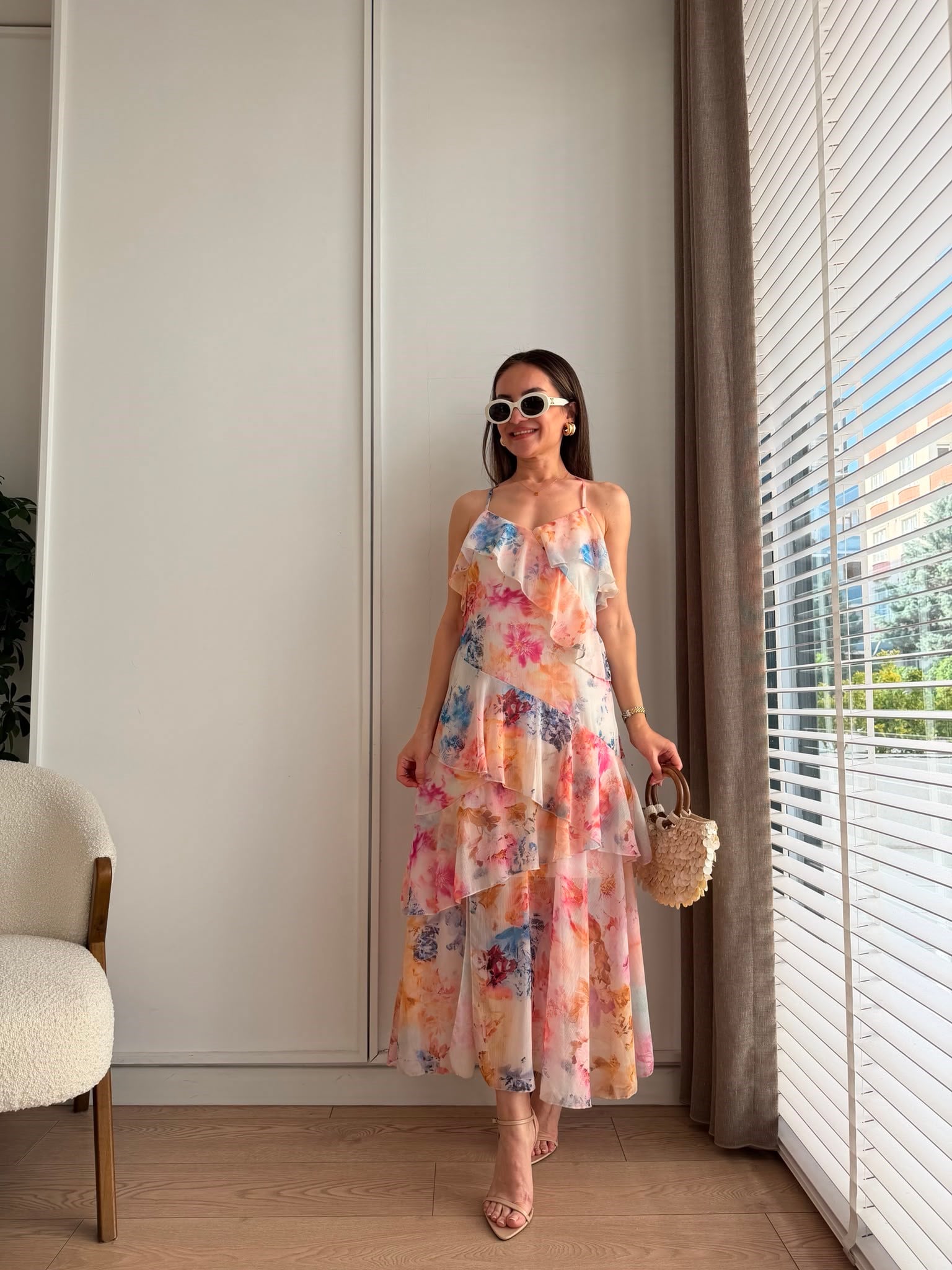 Pembe Desenli Volanlı Askılı Elbise 2640