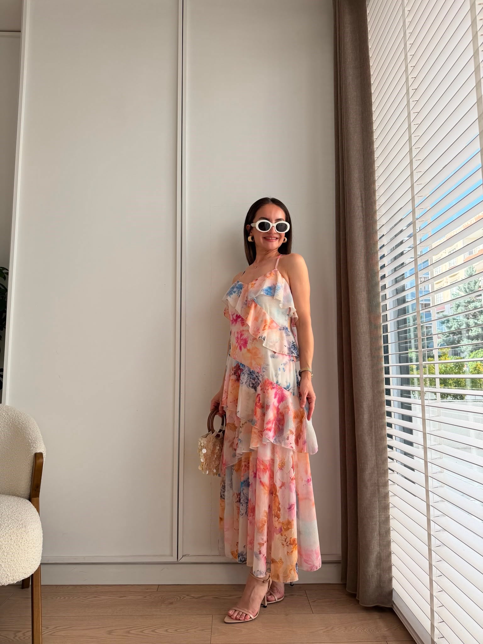 Pembe Desenli Volanlı Askılı Elbise 2640