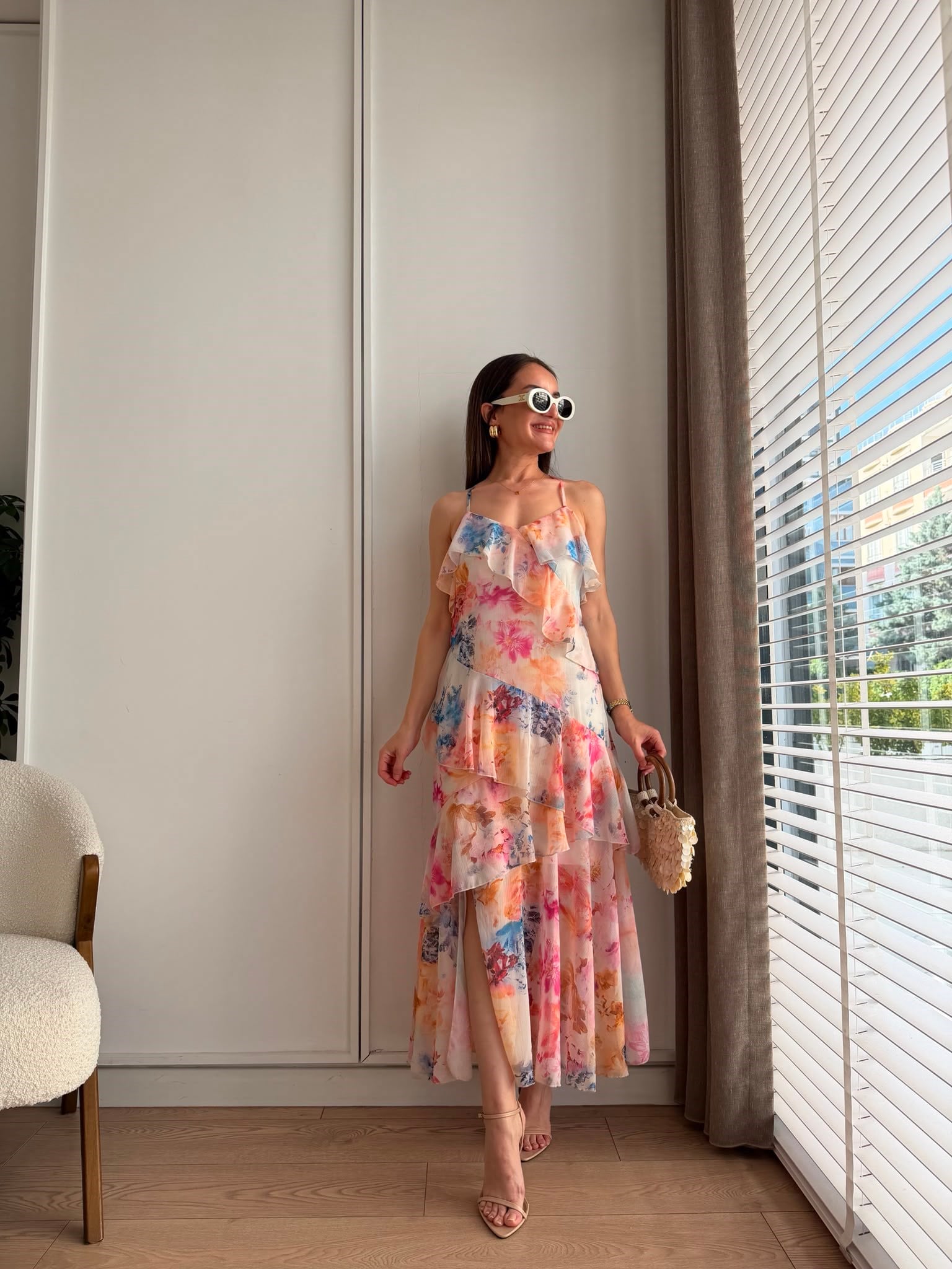 Pembe Desenli Volanlı Askılı Elbise 2640