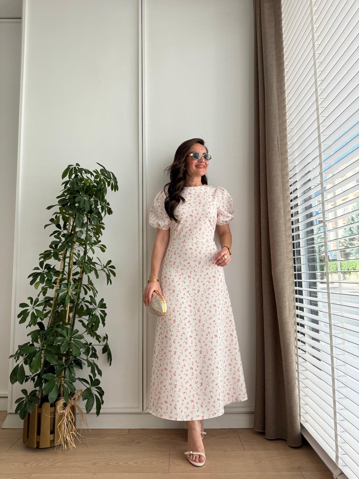 Pembe Dijital Çiçek Baskılı Balon Kol Elbise 8955