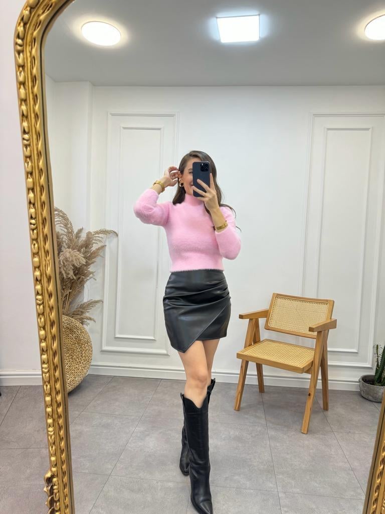 Pembe Dik Yaka Kısa Yumoş Kazak 4063