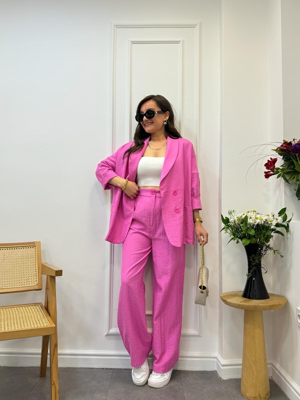 Pembe Dört Düğmeli Blazer Pantolon Keten Takım 9006
