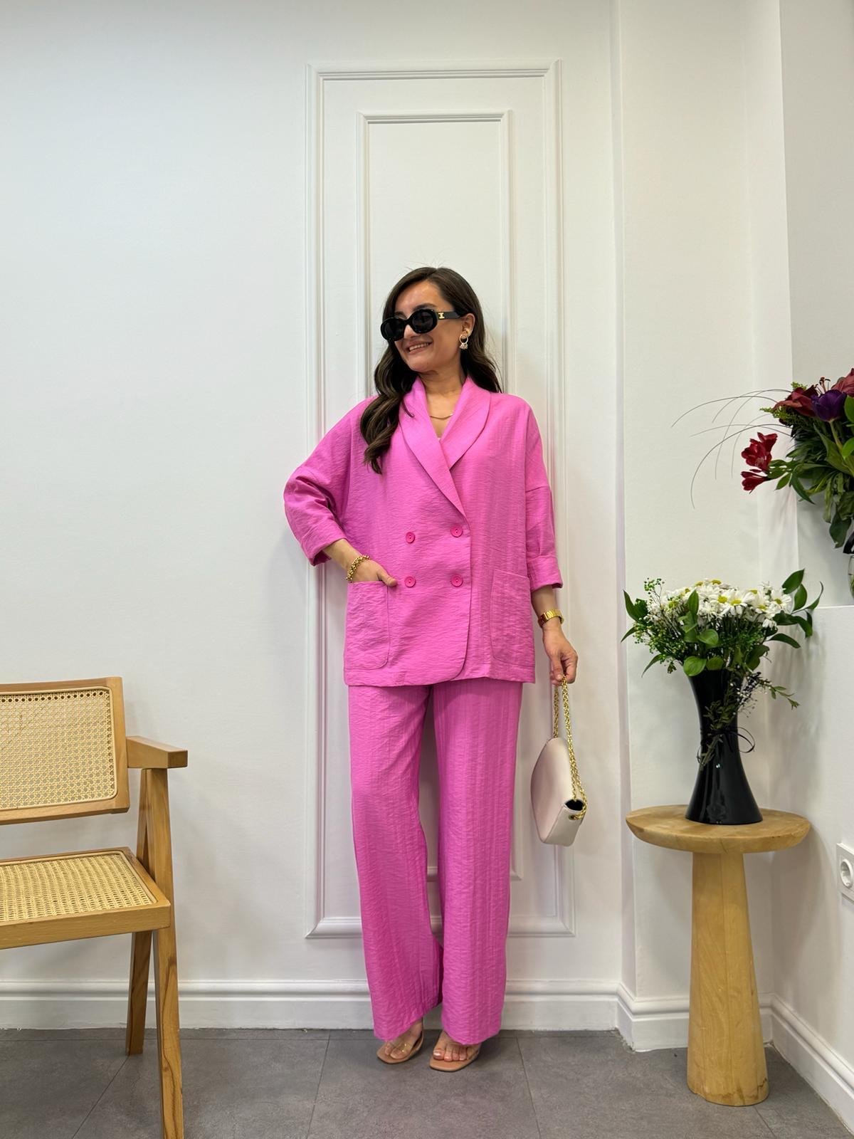 Pembe Dört Düğmeli Blazer Pantolon Keten Takım 9006