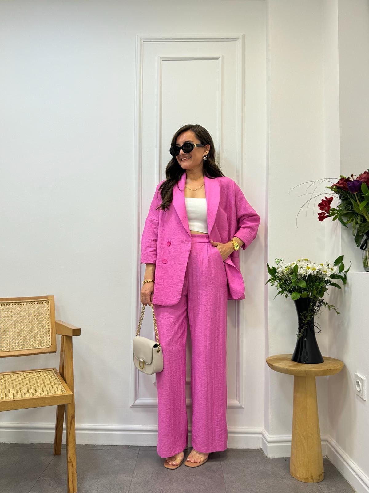 Pembe Dört Düğmeli Blazer Pantolon Keten Takım 9006