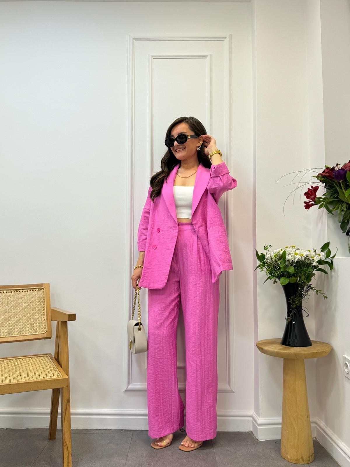 Pembe Dört Düğmeli Blazer Pantolon Keten Takım 9006