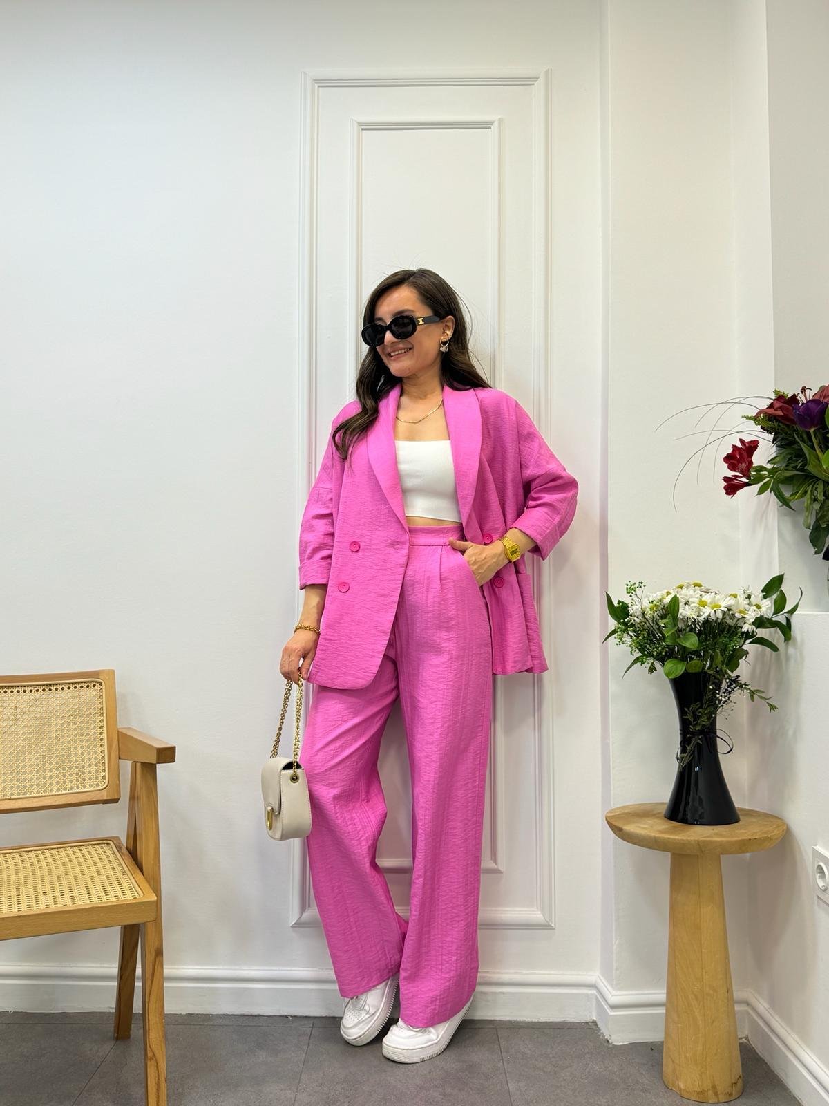 Pembe Dört Düğmeli Blazer Pantolon Keten Takım 9006