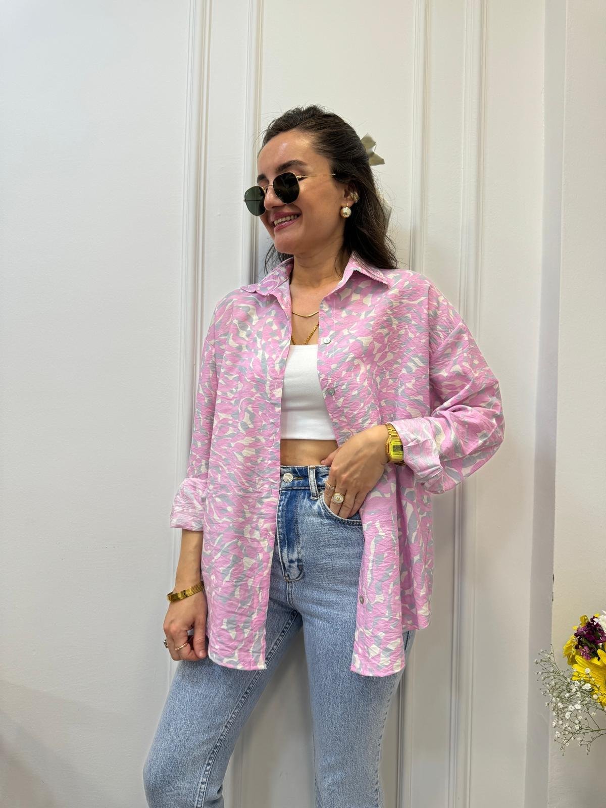 Pembe Ekru Desenli Gömlek 34653