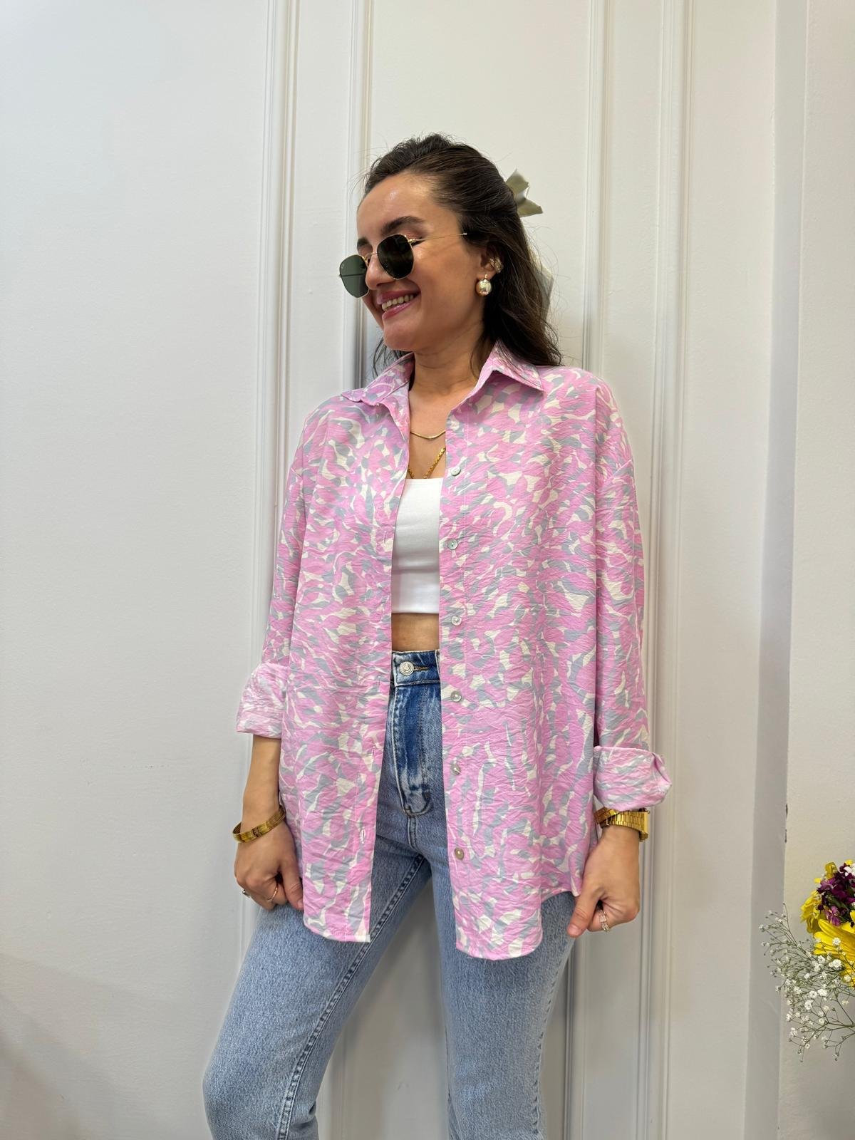 Pembe Ekru Desenli Gömlek 34653