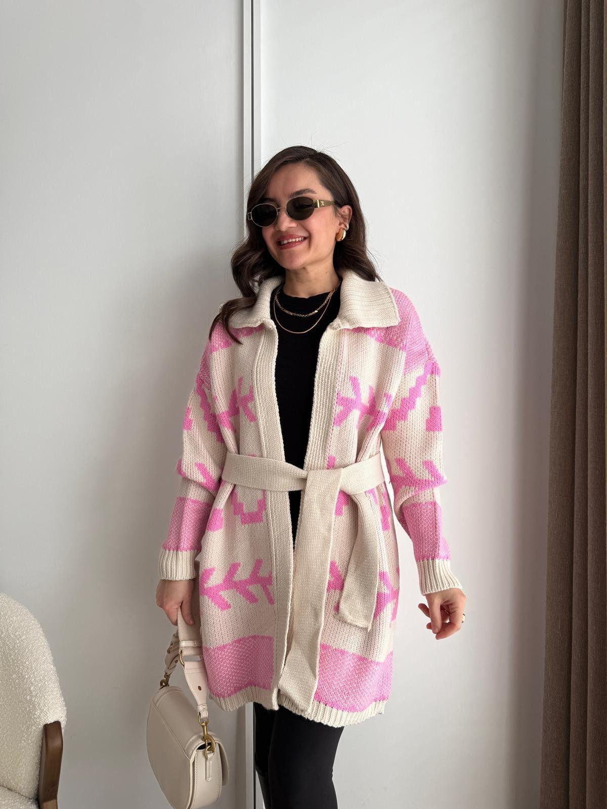 Pembe Etnik Desenli Kuşaklı Örme Triko Hırka 4016