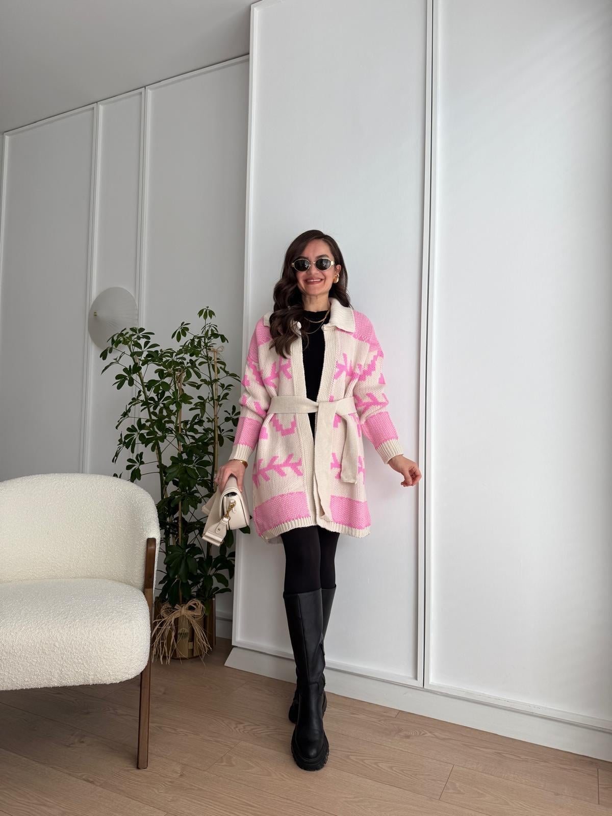 Pembe Etnik Desenli Kuşaklı Örme Triko Hırka 4016