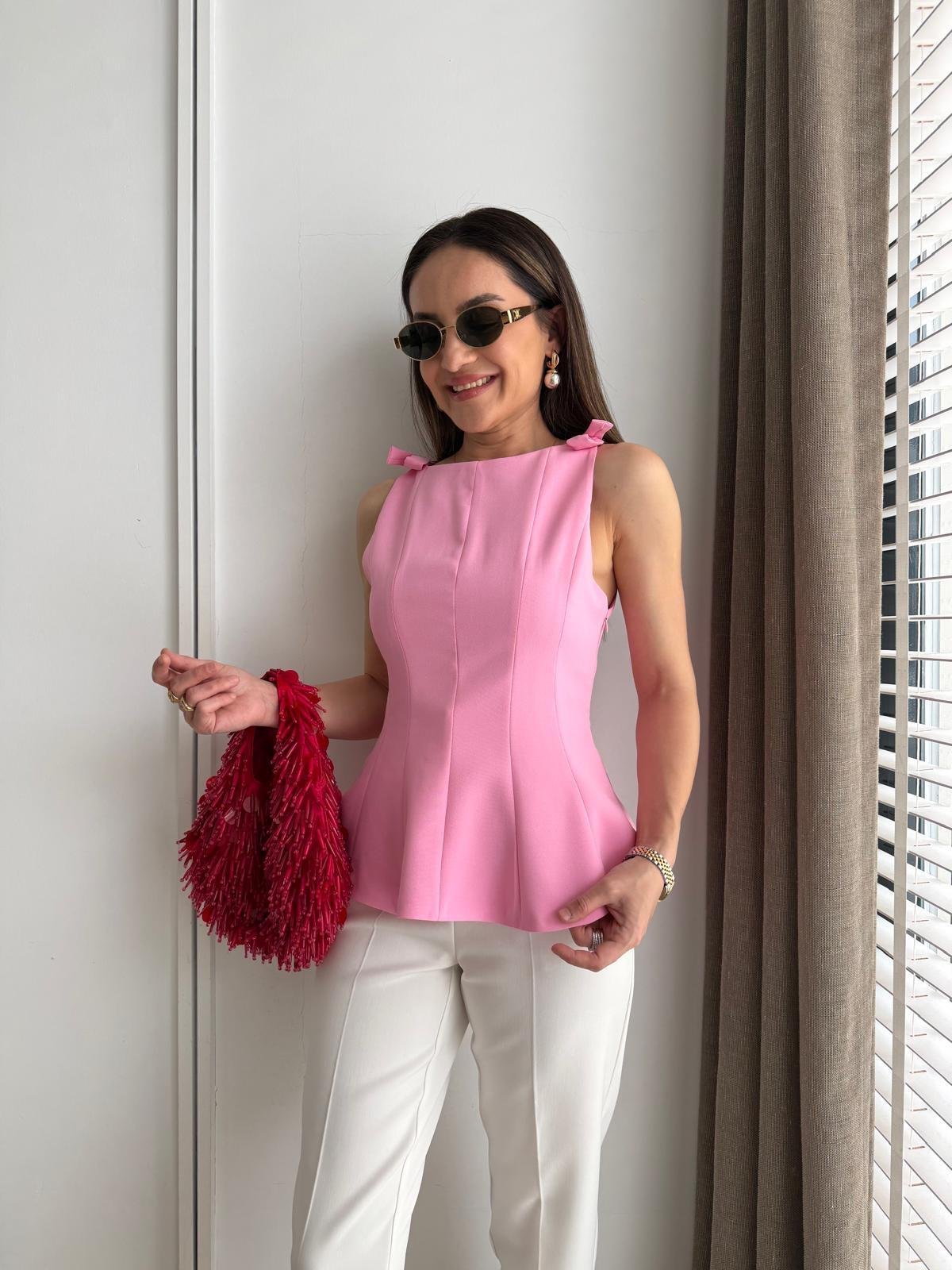 Pembe Fiyonklu Kayık Yaka Bluz 5503