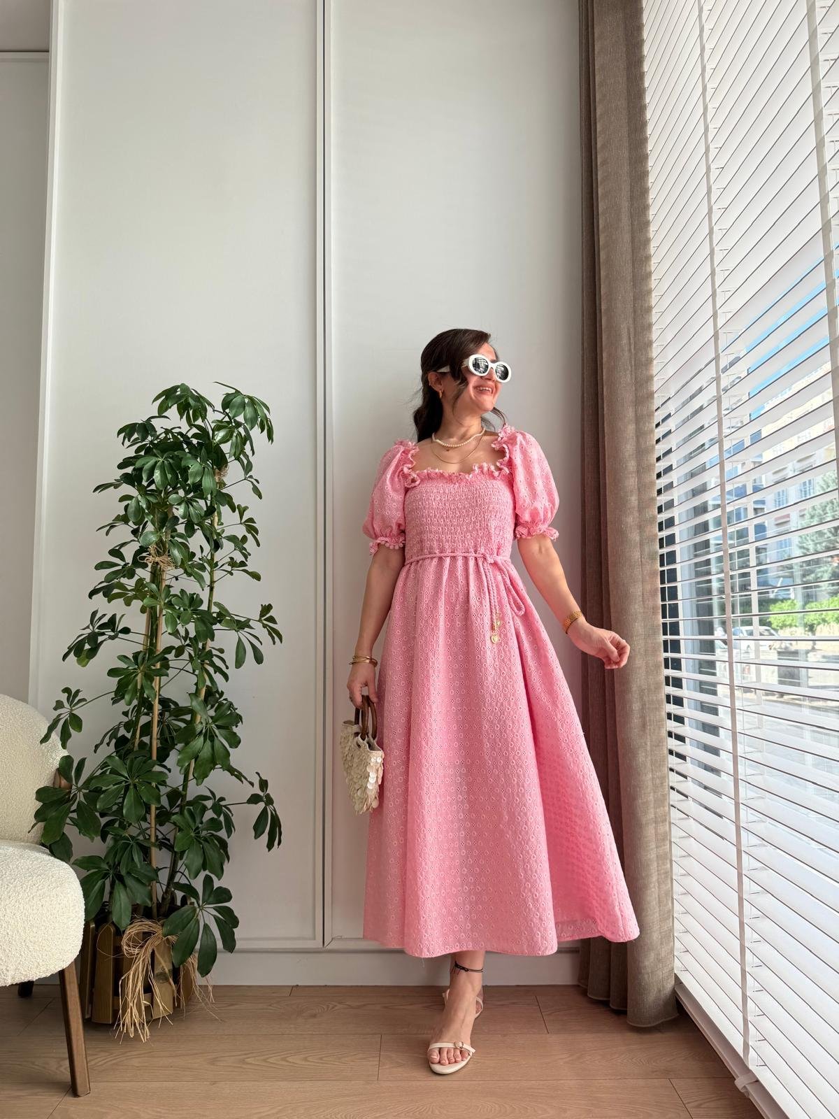 Pembe Gipeli Brode Elbise 8866