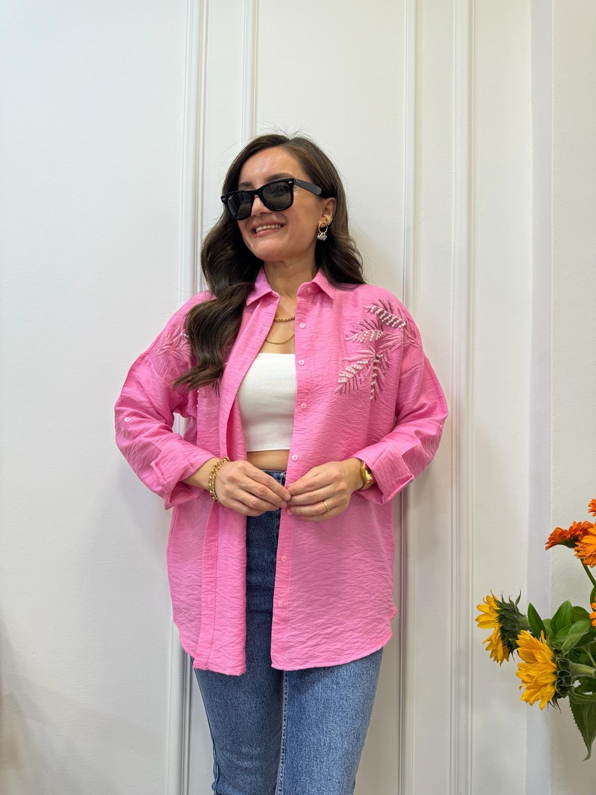 Pembe İnci Nakış Detaylı Gömlek 1041
