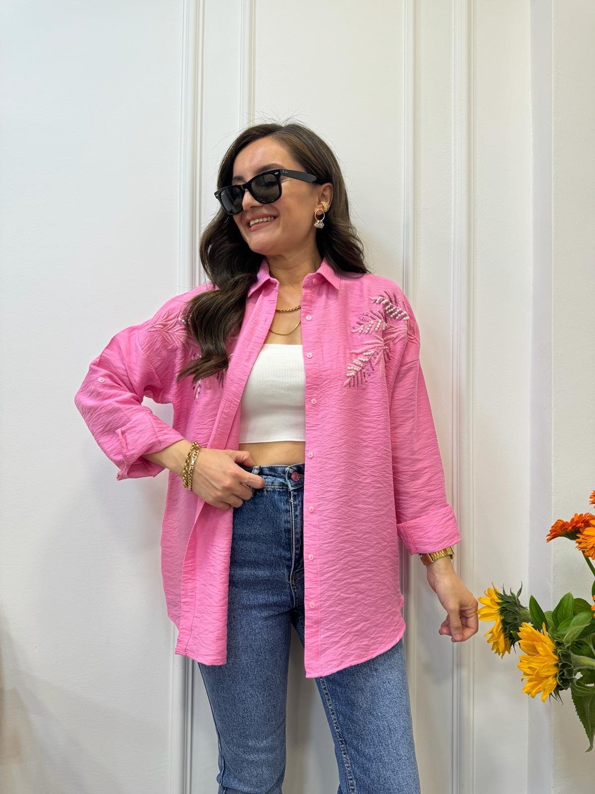 Pembe İnci Nakış Detaylı Gömlek 1041