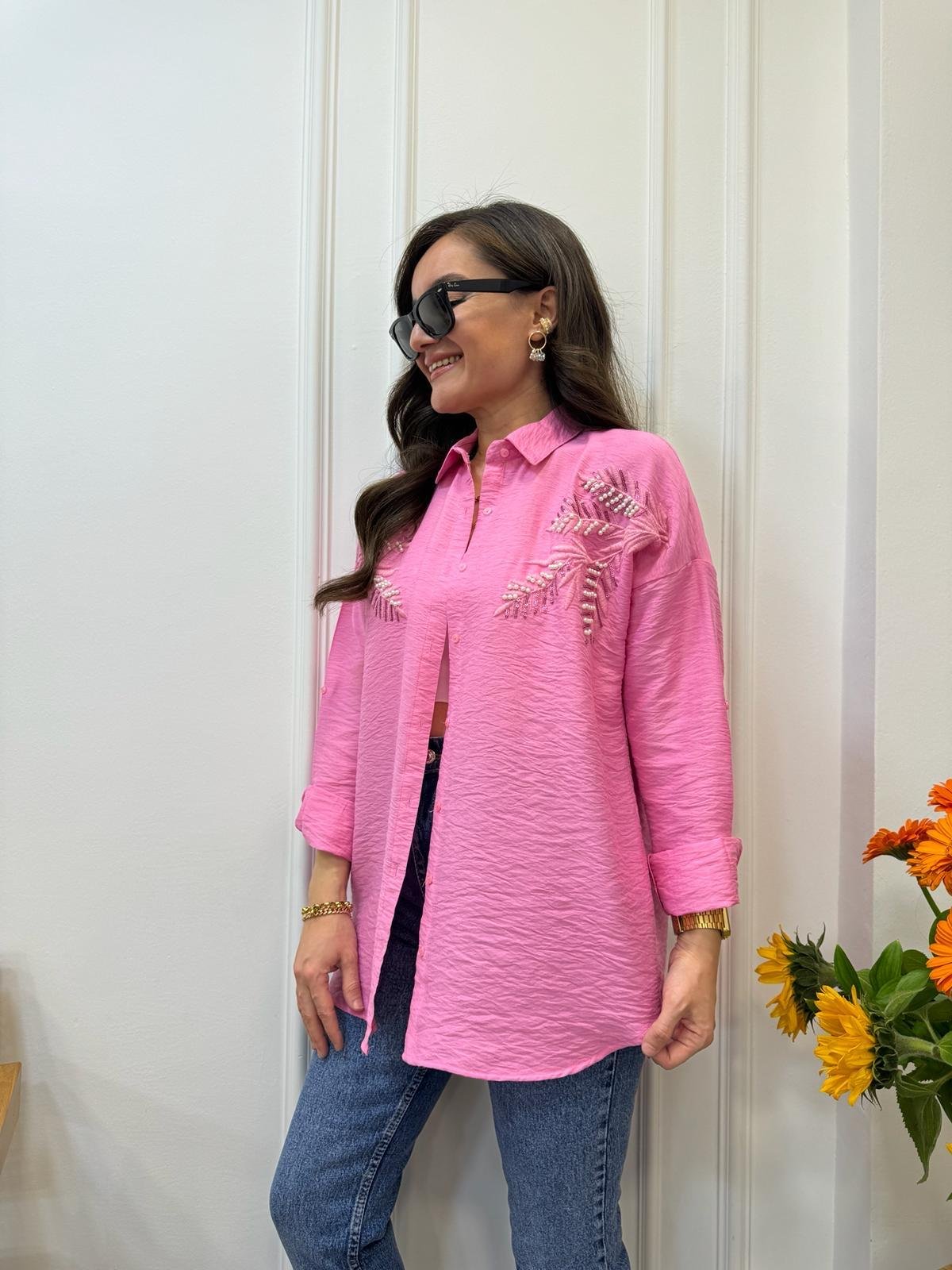 Pembe İnci Nakış Detaylı Gömlek 1041