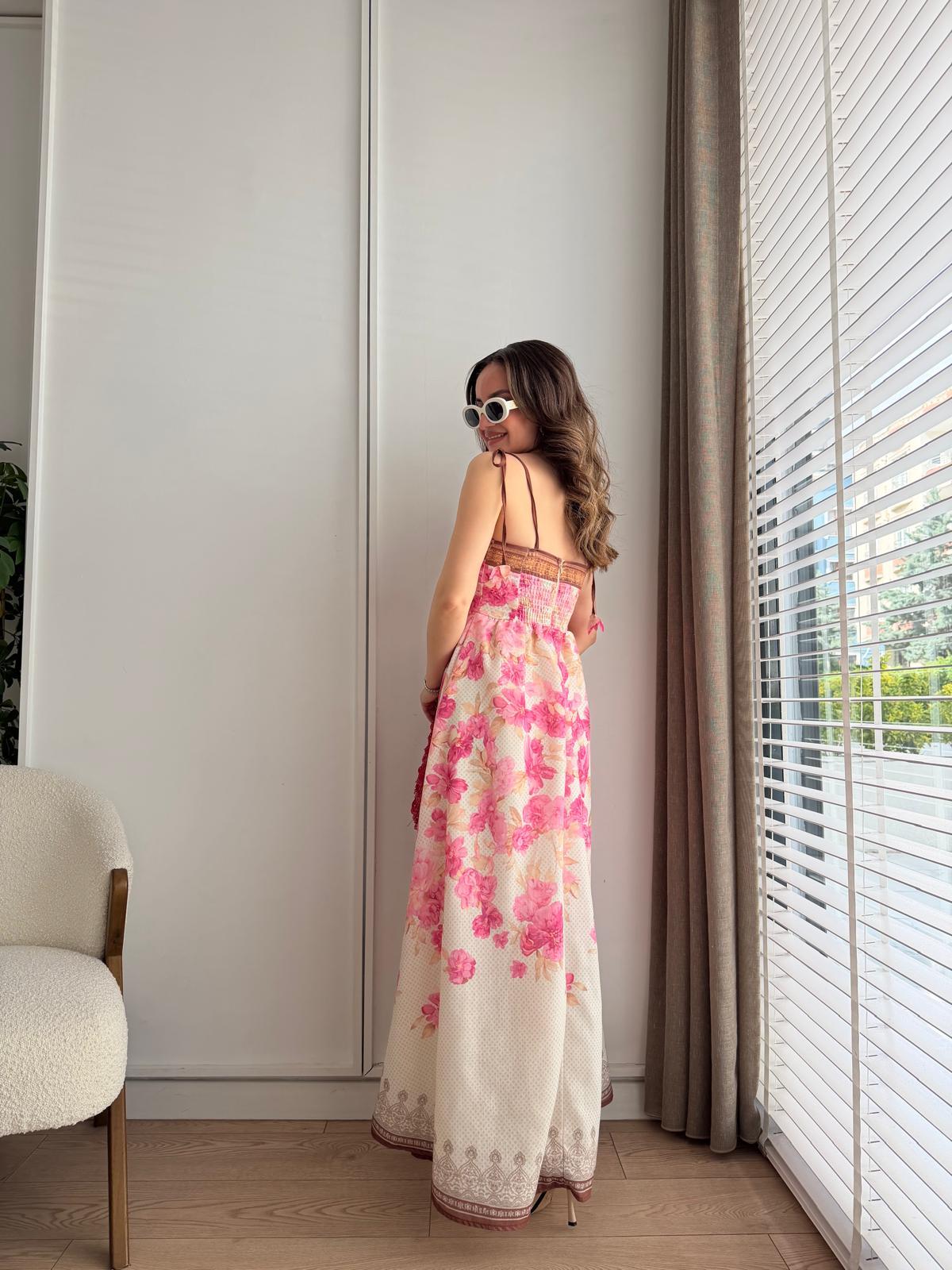 Pembe İp Askılı Sırt Gipeli Elbise 7881