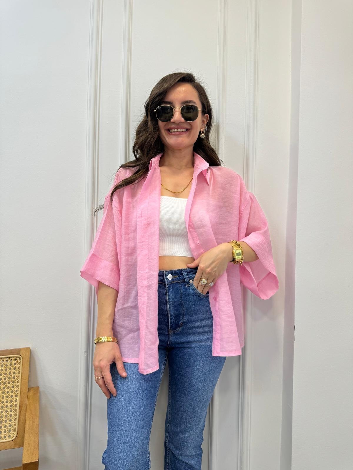 Pembe İpek Kumaş Kısa Kollu Gömlek 4927