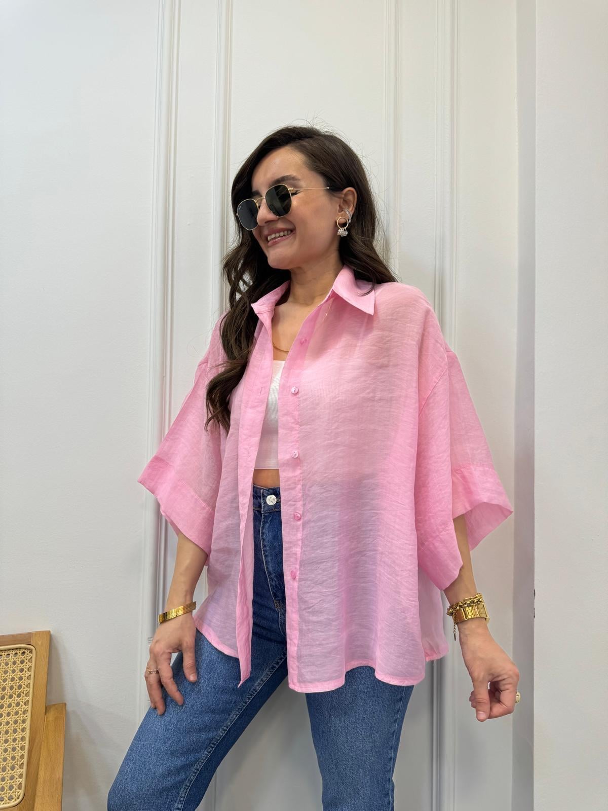 Pembe İpek Kumaş Kısa Kollu Gömlek 4927