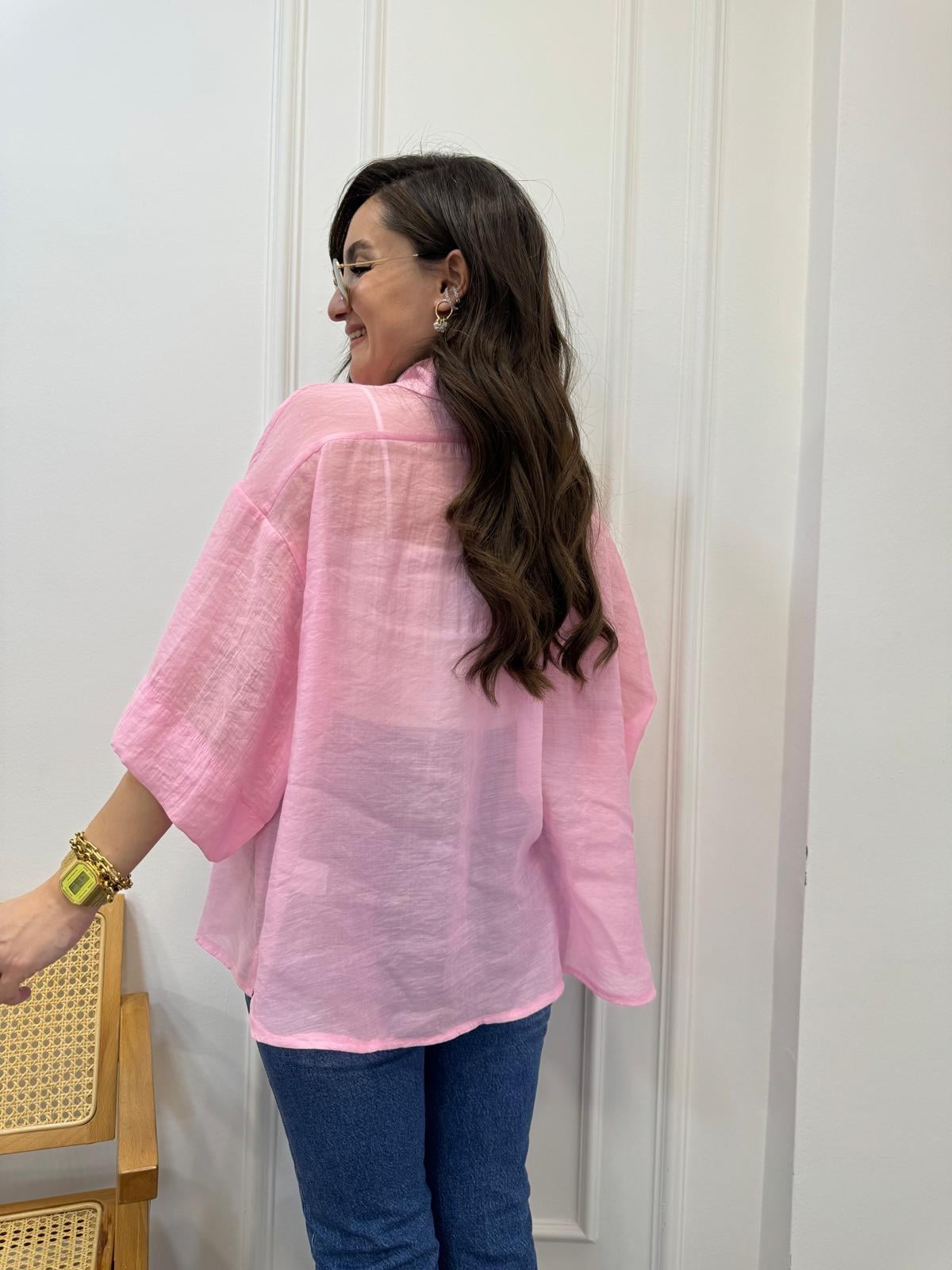 Pembe İpek Kumaş Kısa Kollu Gömlek 4927