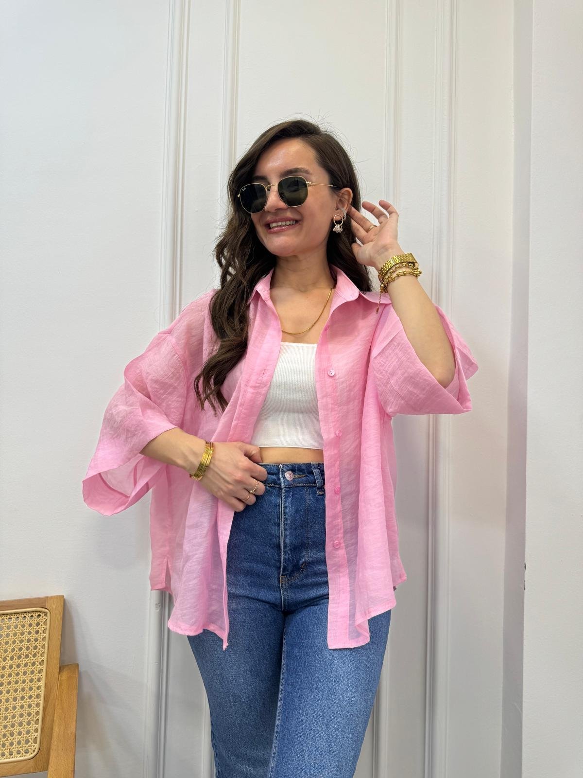 Pembe İpek Kumaş Kısa Kollu Gömlek 4927