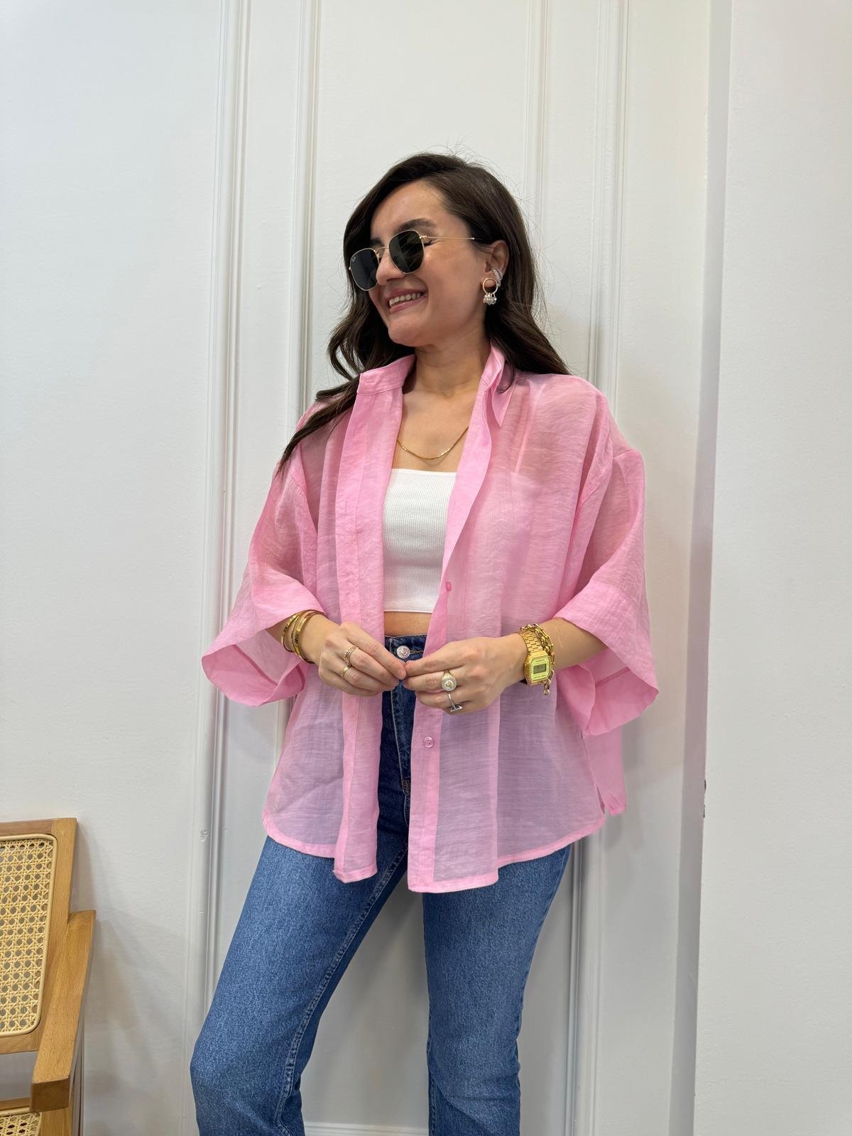 Pembe İpek Kumaş Kısa Kollu Gömlek 4927