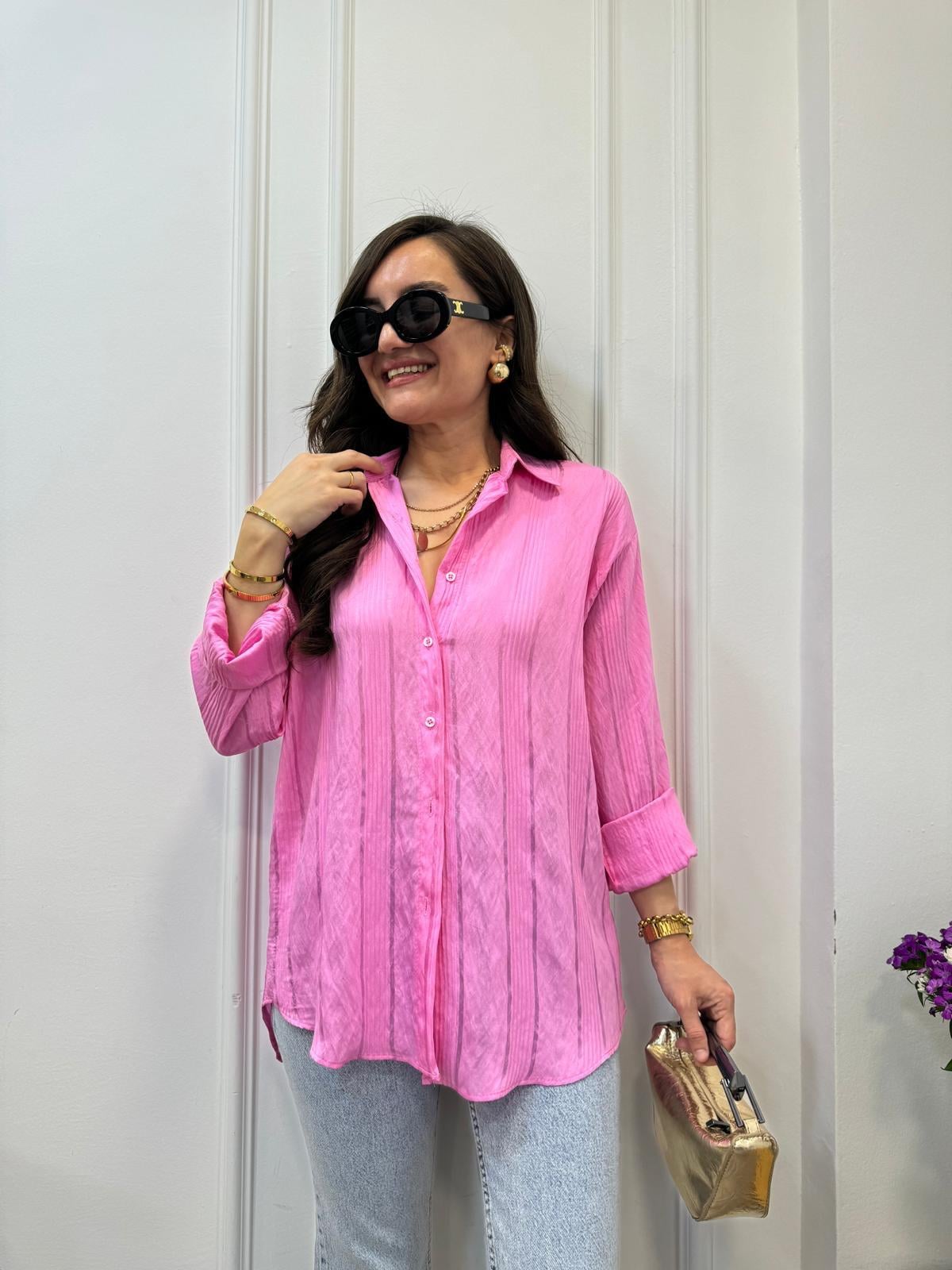 Pembe Jakar Çizgili Gömlek 506